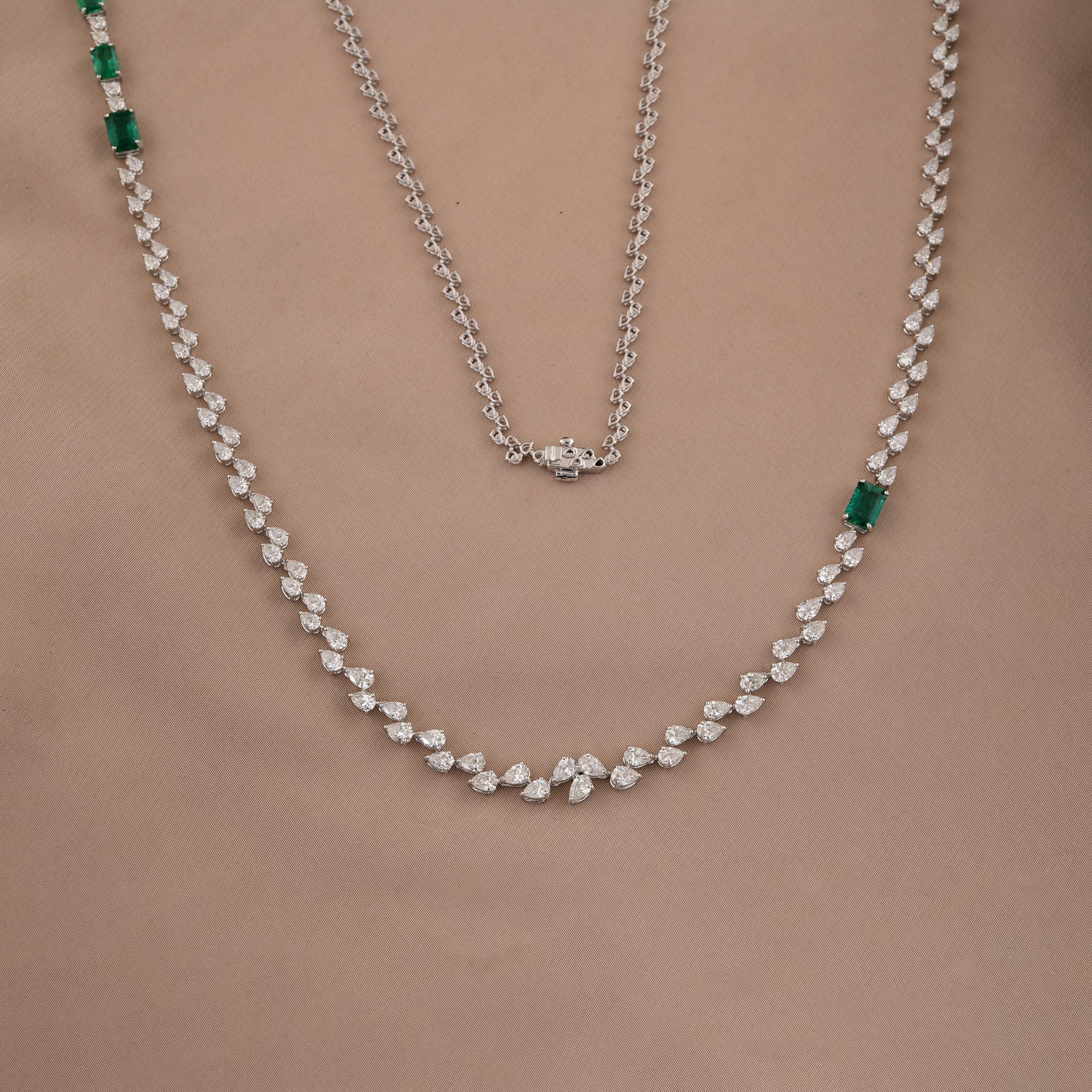 Emerald Cut Real Zambian Emerald Gemstone Necklace SI/H Diamond 18 Karat White Gold Jewelry For Sale
