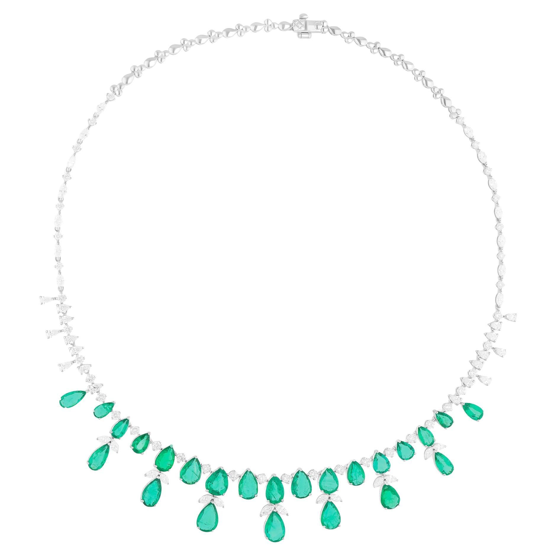 Real Zambian Emerald Gemstone Necklace SI/H Diamond 18 Karat White Gold Jewelry