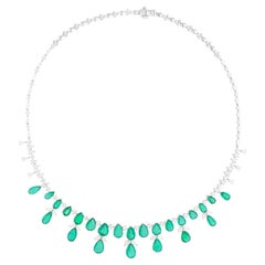 Real Zambian Emerald Gemstone Necklace SI/H Diamond 18 Karat White Gold Jewelry
