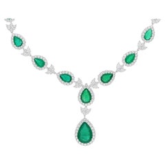 Real Zambian Emerald Gemstone Necklace SI/H Diamond 18 Karat White Gold Jewelry
