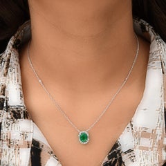 Zambian Emerald Diamond Pendant Necklace 14K White Gold
