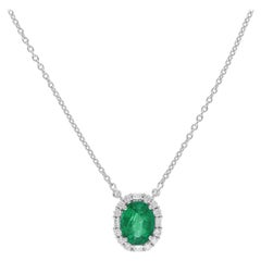 Real Zambian Emerald Gemstone Pendant Necklace SI/H Diamond 18 Karat White Gold