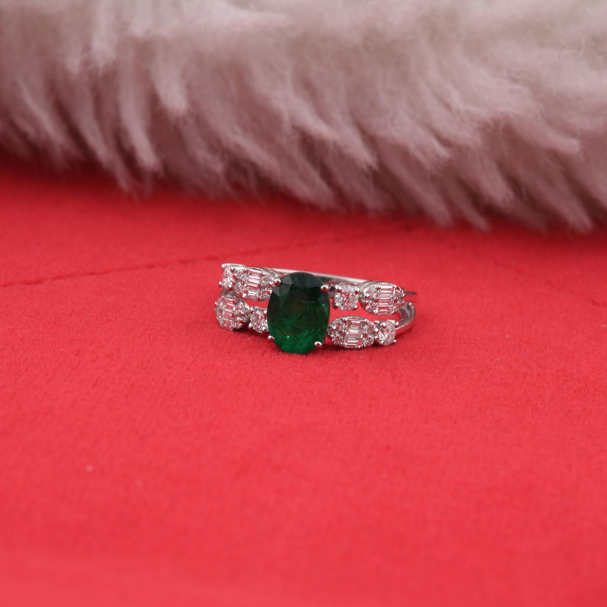 Real Zambian Emerald Gemstone Ring SI/H Diamond Ring 14 Karat White Gold Jewelry For Sale 1