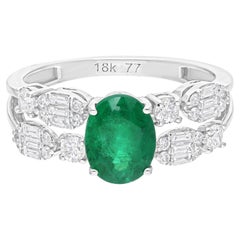 Real Zambian Emerald Gemstone Ring SI/H Diamond Ring 14 Karat White Gold Jewelry
