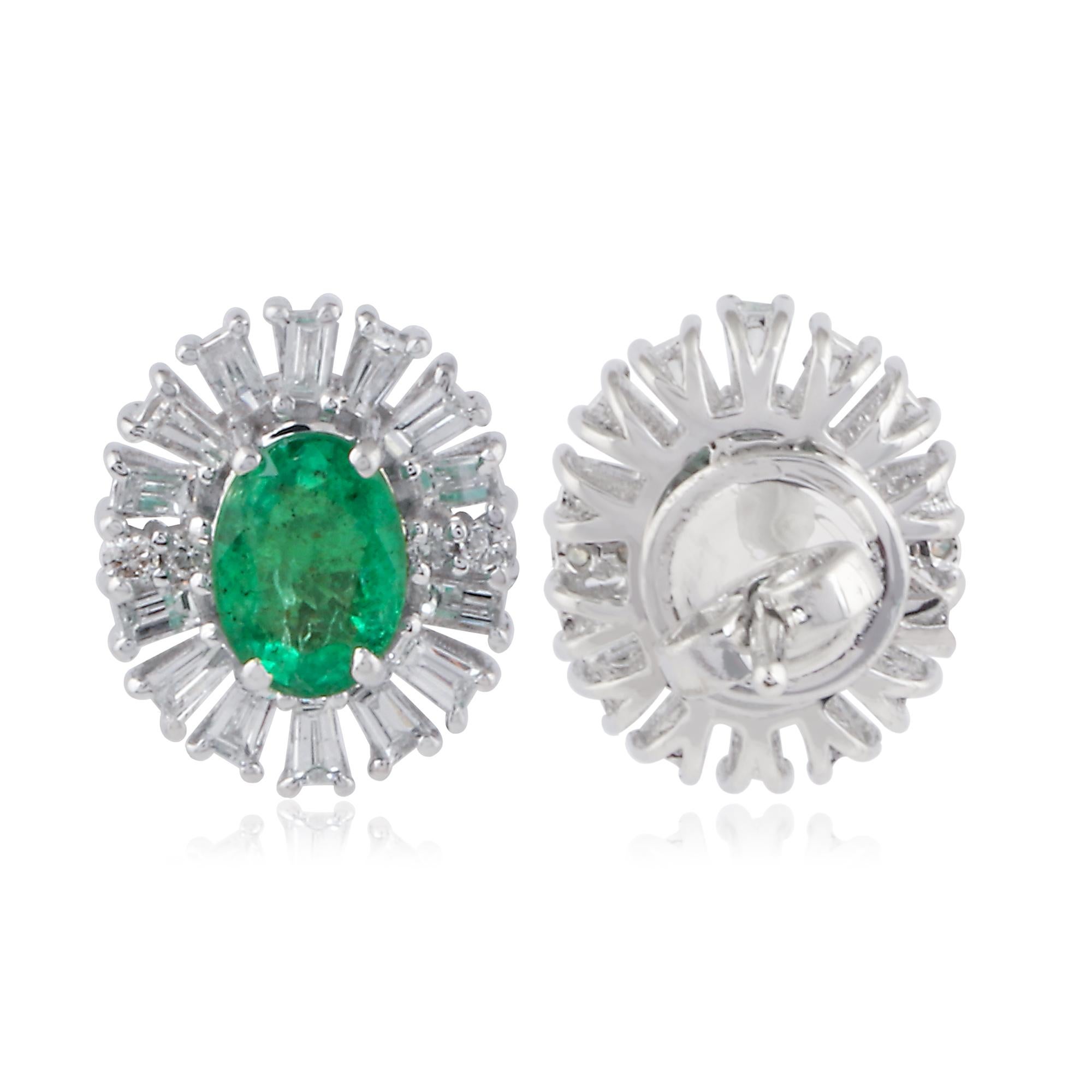 Modern Natural Emerald Gemstone Stud Earrings Baguette Diamond 18 Karat White Gold For Sale