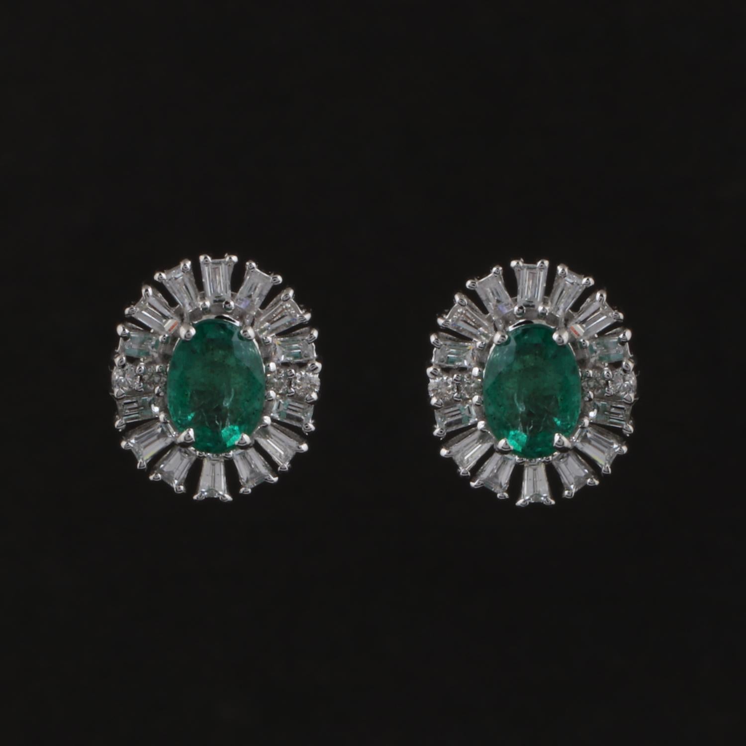 Emerald Cut Natural Emerald Gemstone Stud Earrings Baguette Diamond 18 Karat White Gold For Sale