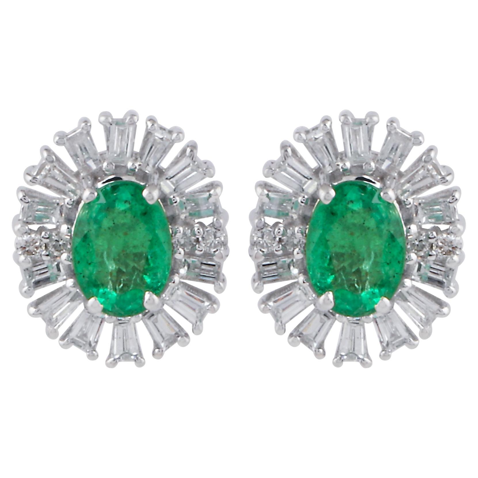 Natural Emerald Gemstone Stud Earrings Baguette Diamond 18 Karat White Gold For Sale