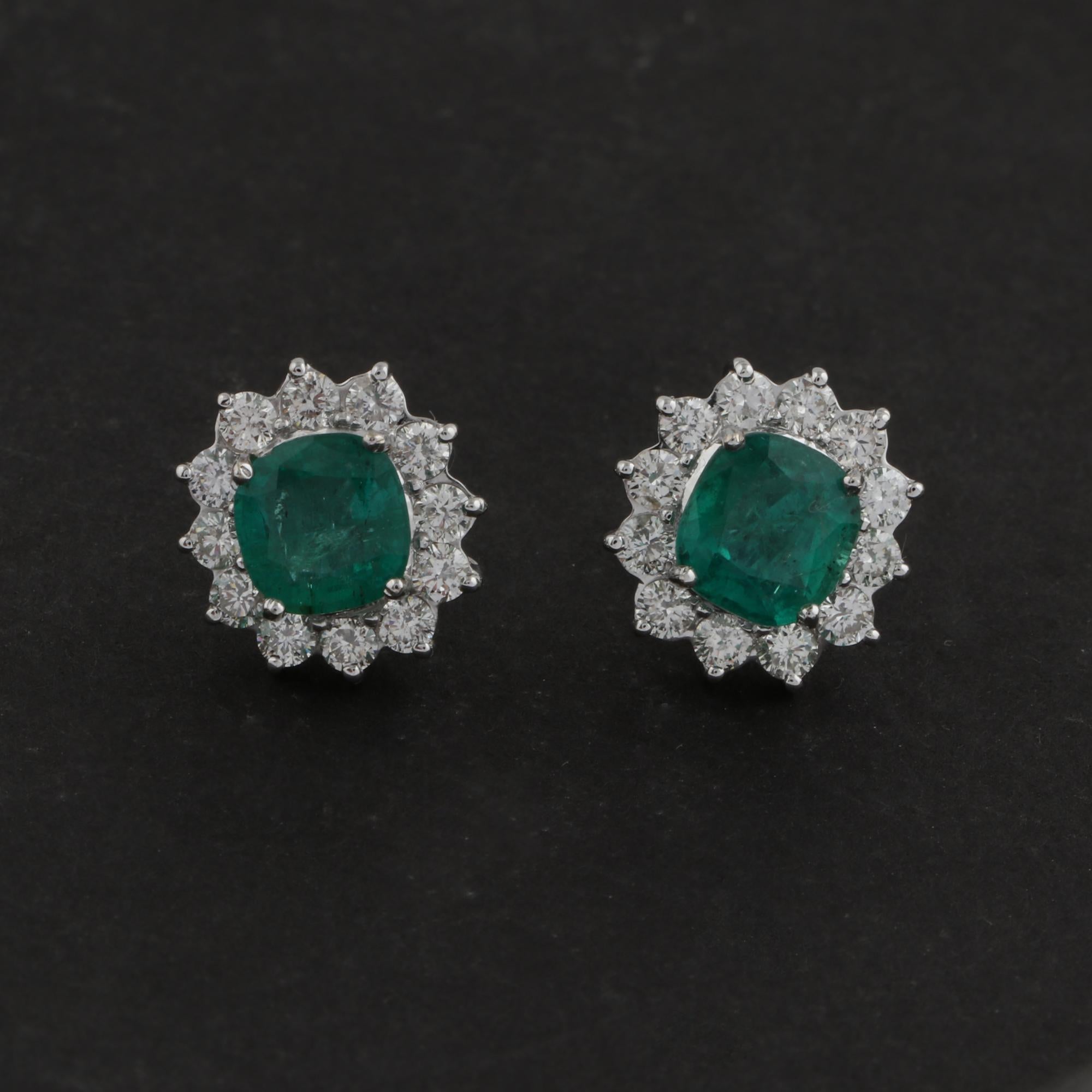 Modern Natural Emerald Gemstone Stud Earrings Diamond 18 Karat White Gold Jewelry For Sale