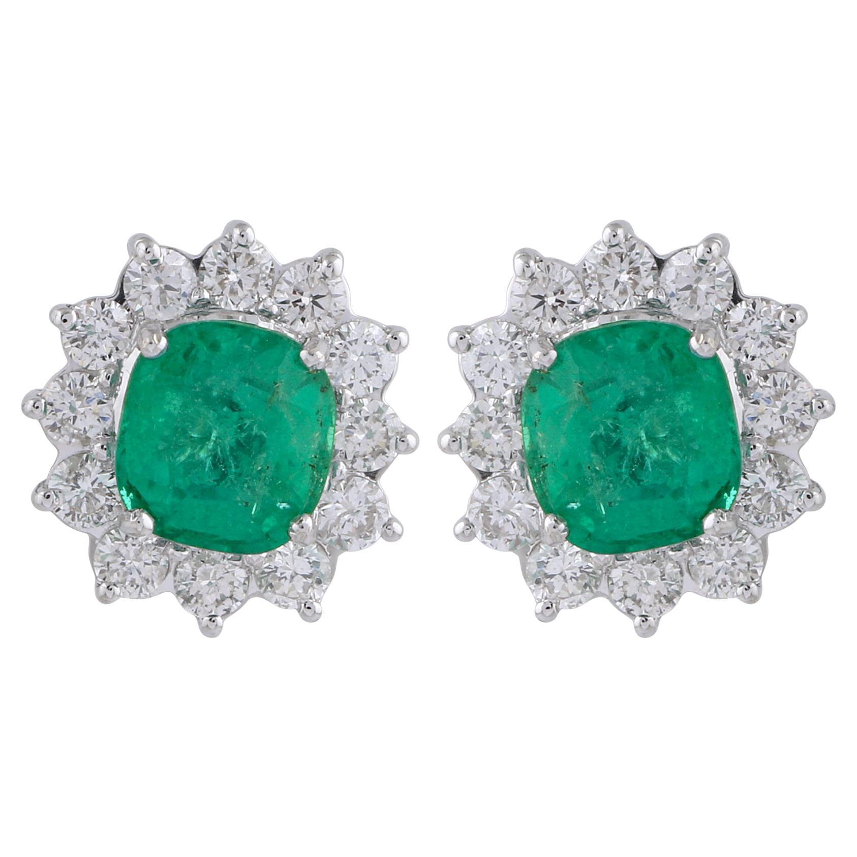 Natural Emerald Gemstone Stud Earrings Diamond 18 Karat White Gold Jewelry