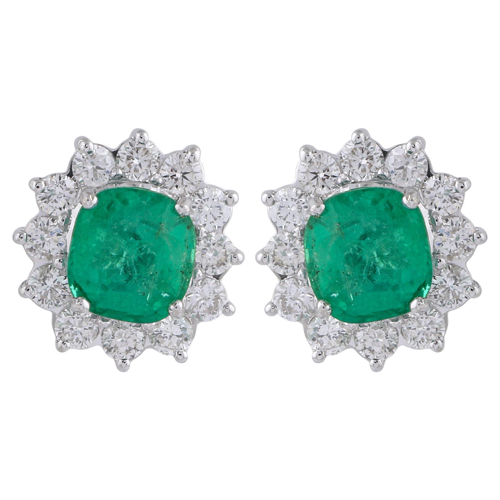 Natural Emerald Gemstone Stud Earrings Diamond 18 Karat White Gold Fine