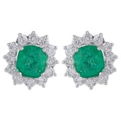 Real Zambian Emerald Gemstone Stud Earrings Diamond 18 Karat White Gold Jewelry