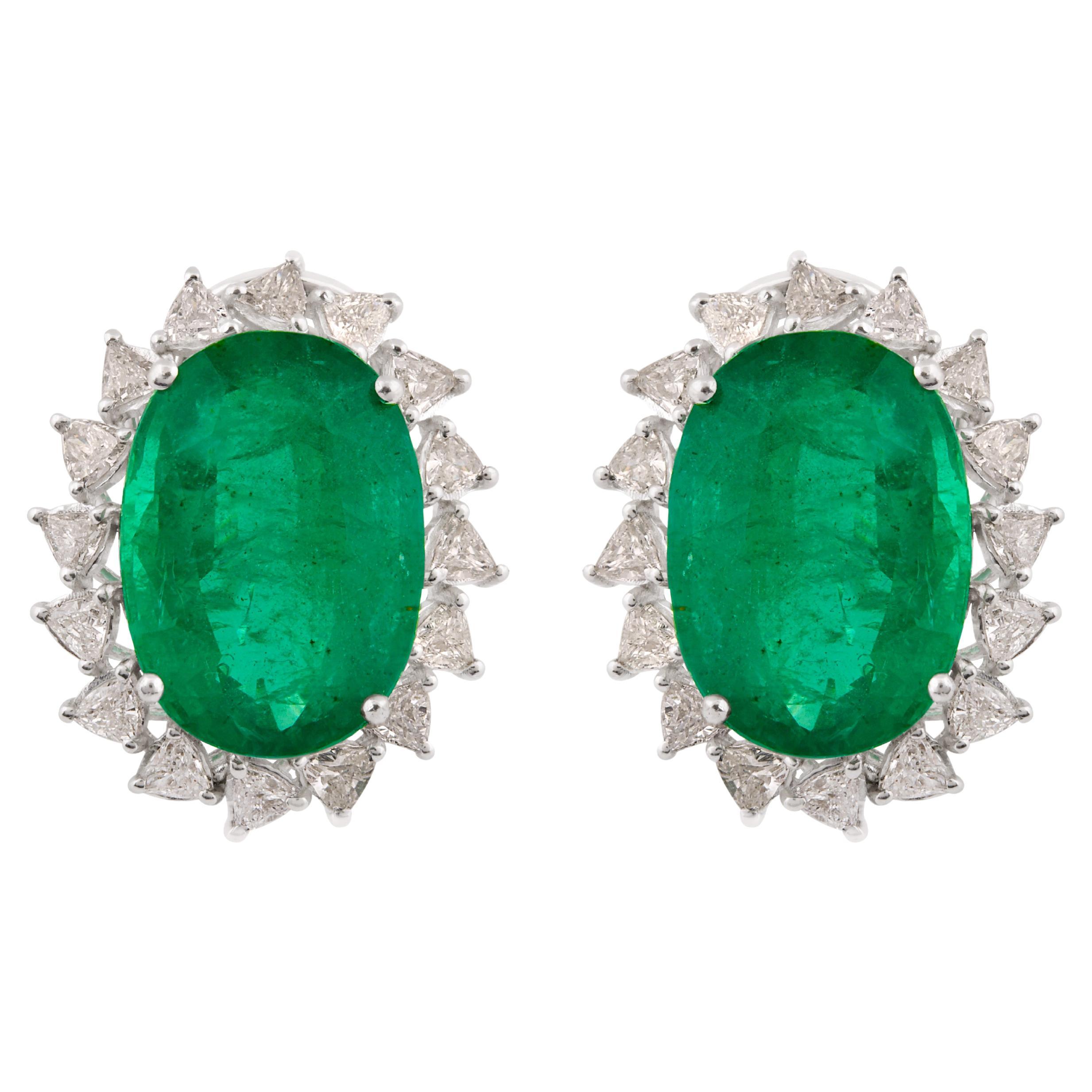 Real Zambian Emerald Gemstone Trillion Diamond Earrings 18k White Gold Jewelry