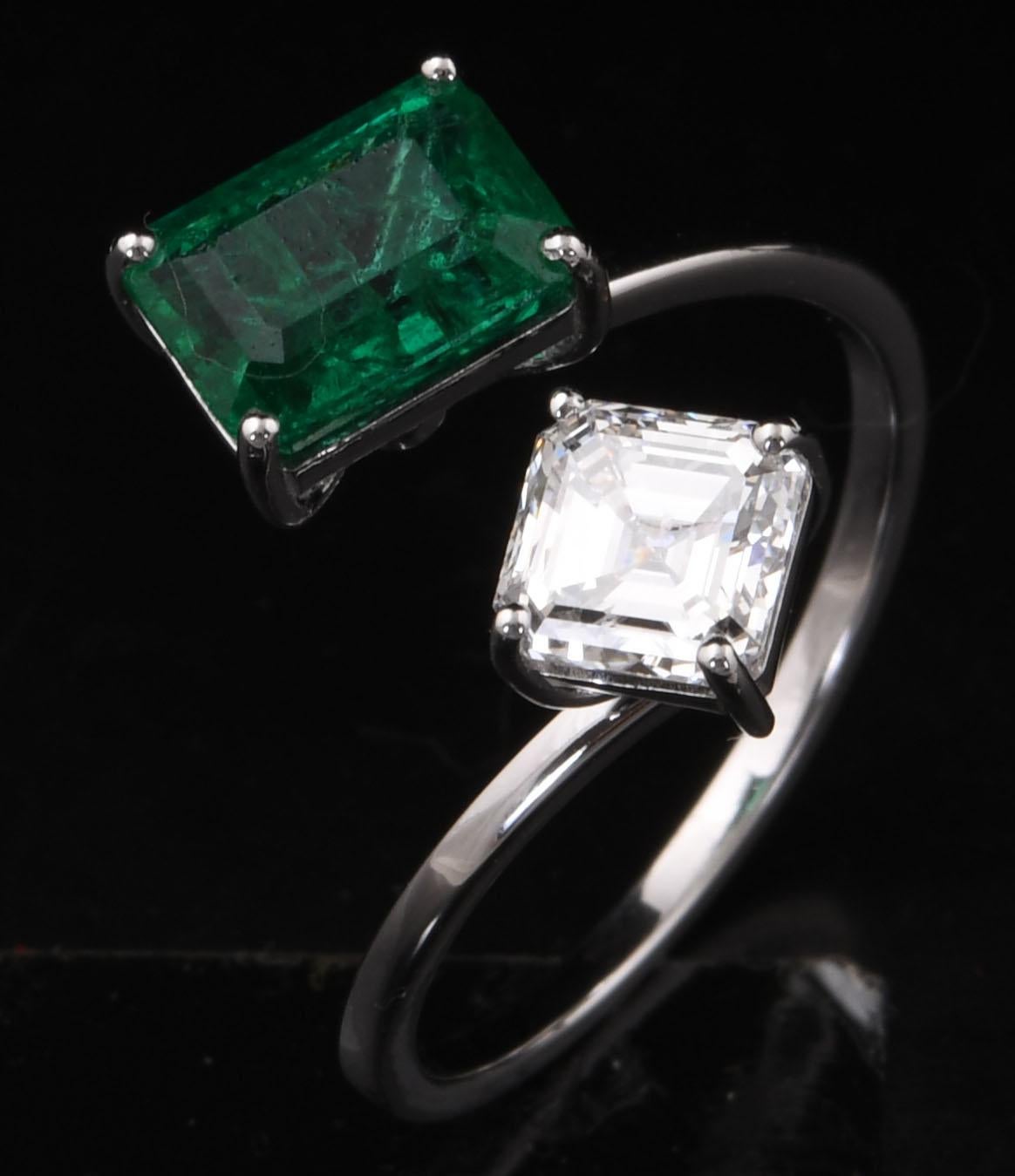 Real Zambian Emerald Gemstone Wrap Ring Diamond 14 Karat White Gold Fine Jewelry For Sale 1
