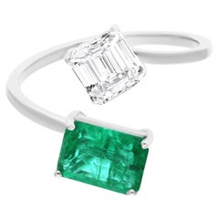 Bague en or blanc 14 carats en pierre précieuse véritable émeraude de Zambie avec diamant
