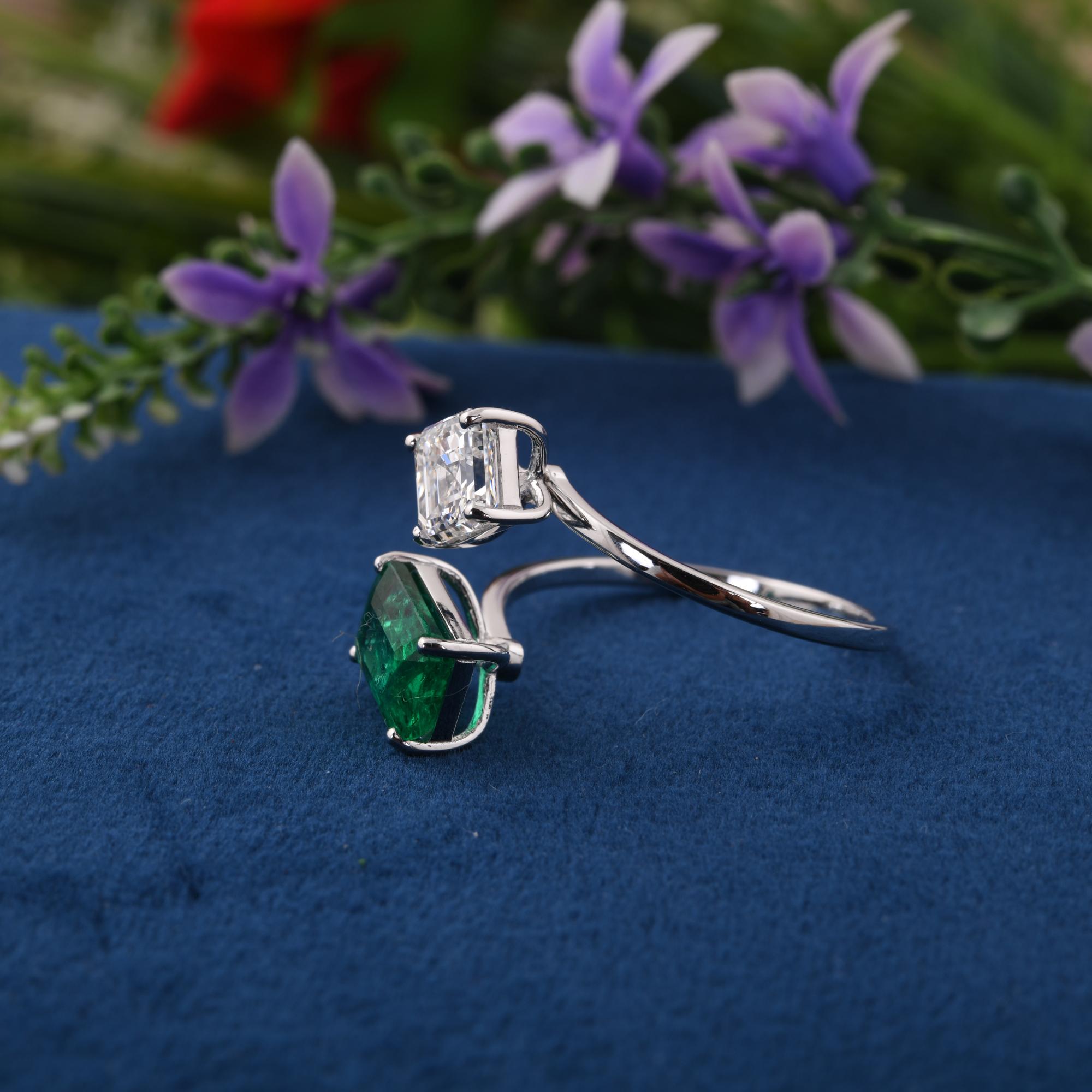 Modern Real Zambian Emerald Gemstone Wrap Ring Diamond 18 Karat White Gold Fine Jewelry For Sale