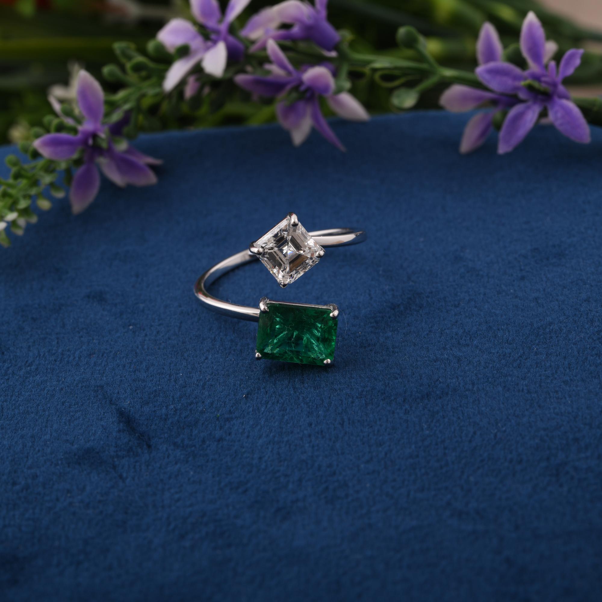 Emerald Cut Real Zambian Emerald Gemstone Wrap Ring Diamond 18 Karat White Gold Fine Jewelry For Sale