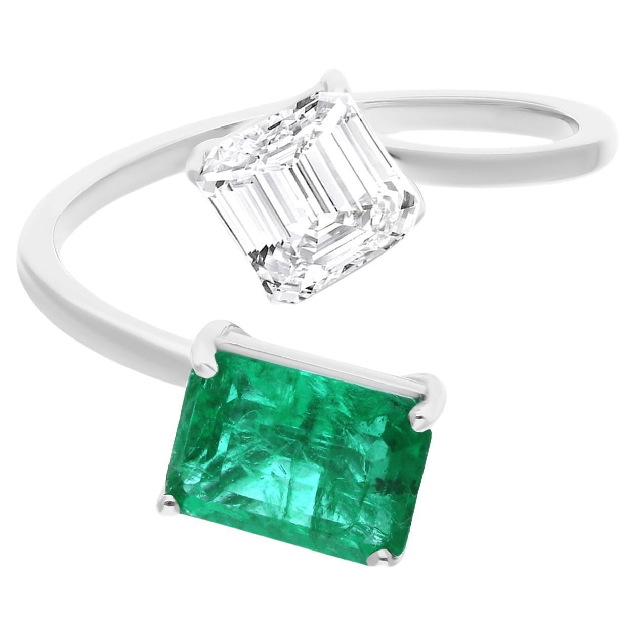 Real Zambian Emerald Gemstone Wrap Ring Diamond 18 Karat White Gold Fine Jewelry