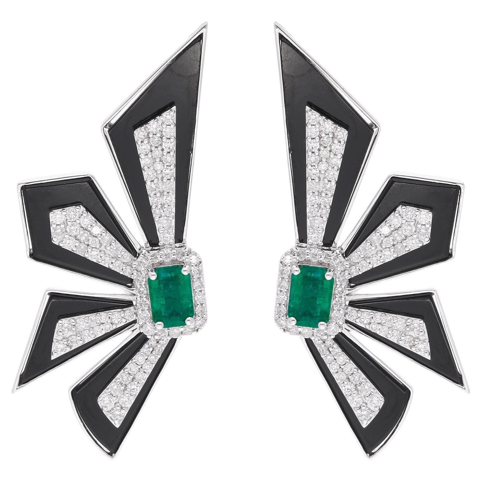 Boucles d
oreilles Emeraude Zambienne H/SI Diamant Onyx Noir Slices Or blanc 14 carats
