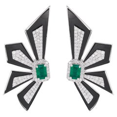 Real Zambian Emerald H/SI Diamond Black Onyx Slices Earrings 14 Karat White Gold