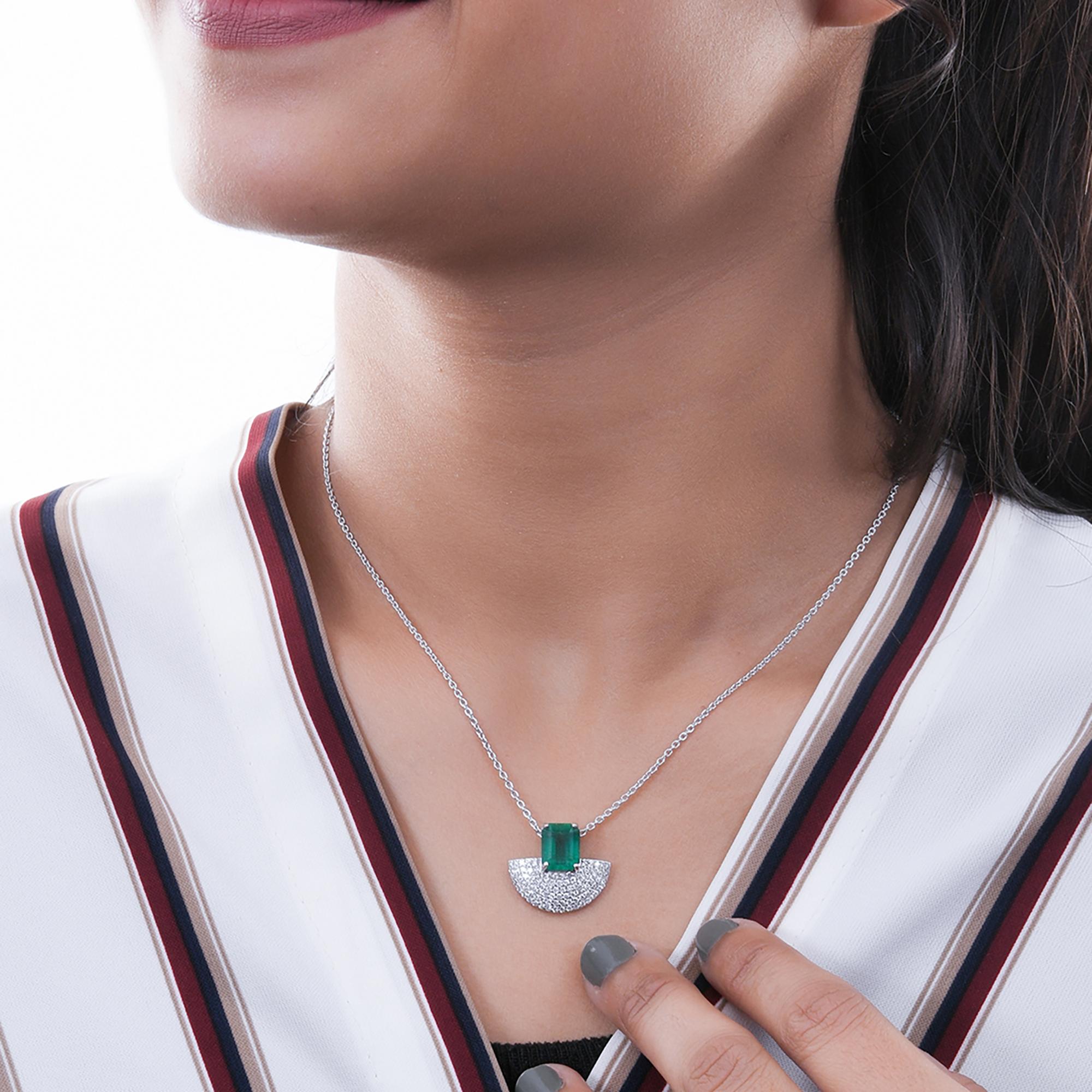 Octagon Cut Real Zambian Emerald Hand Fan Charm Pendant Necklace Diamond 14 Karat White Gold For Sale