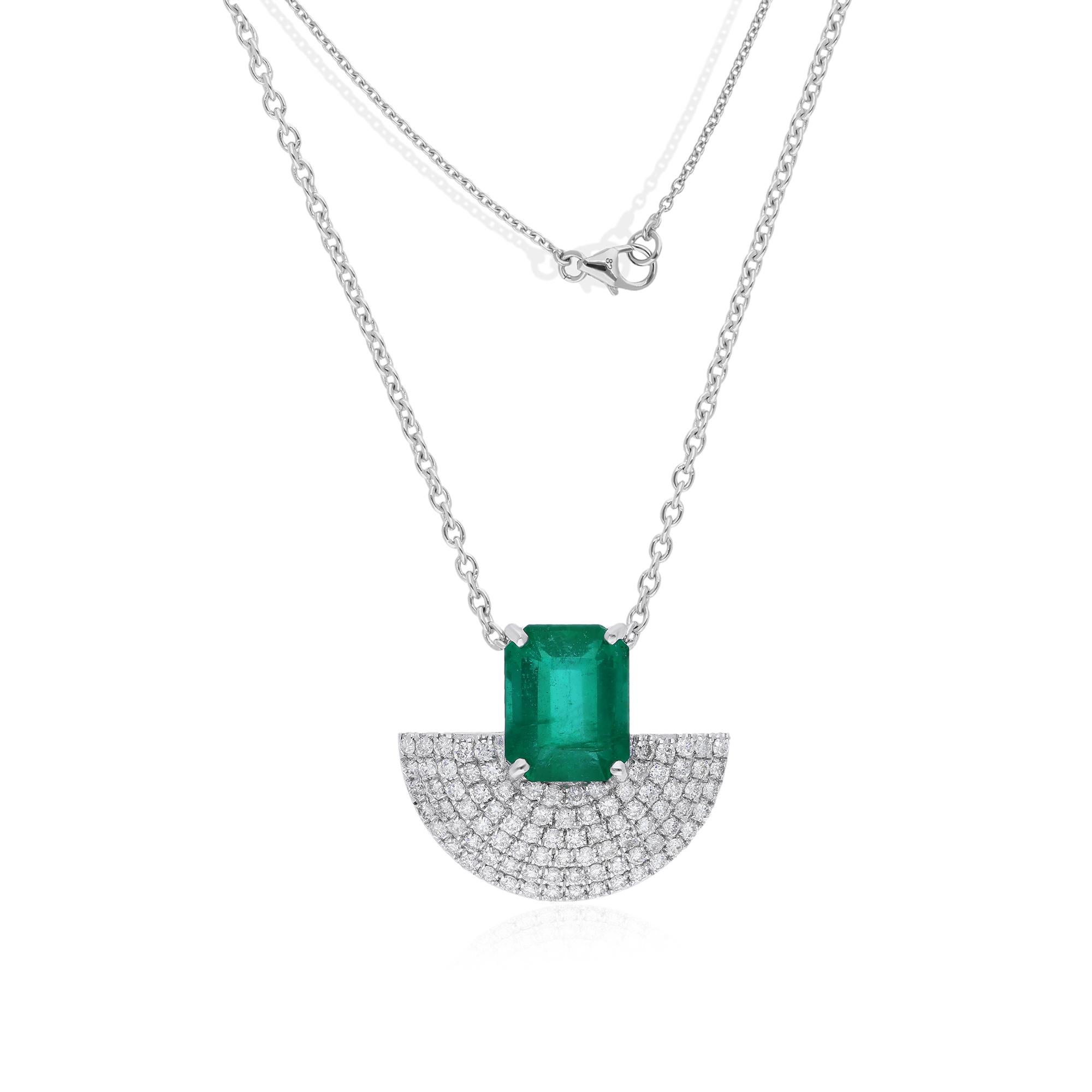 Women's Real Zambian Emerald Hand Fan Charm Pendant Necklace Diamond 14 Karat White Gold For Sale