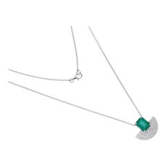 Real Zambian Emerald Hand Fan Charm Pendant Necklace Diamond 14 Karat White Gold