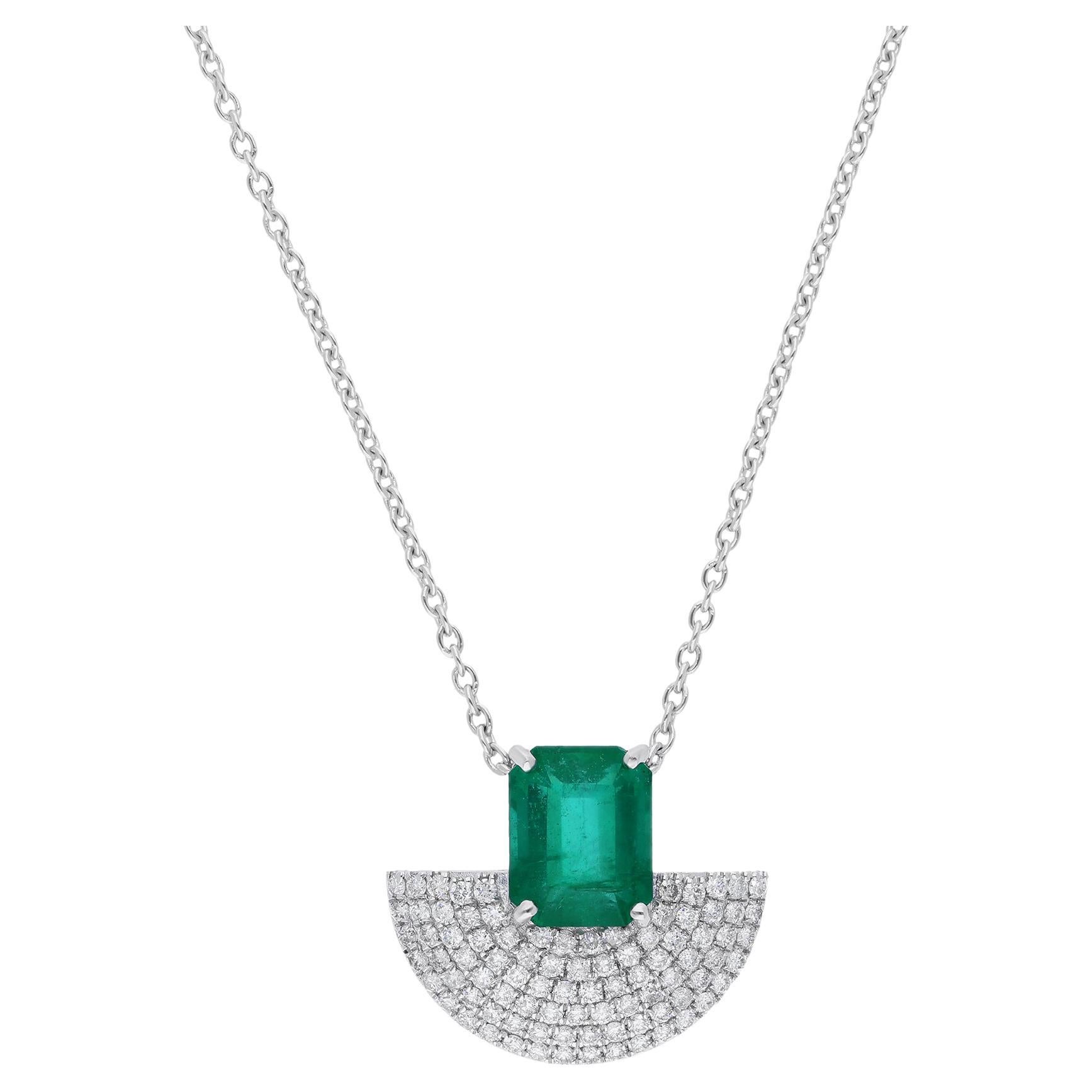 Real Zambian Emerald Hand Fan Charm Pendant Necklace Diamond 14 Karat White Gold For Sale