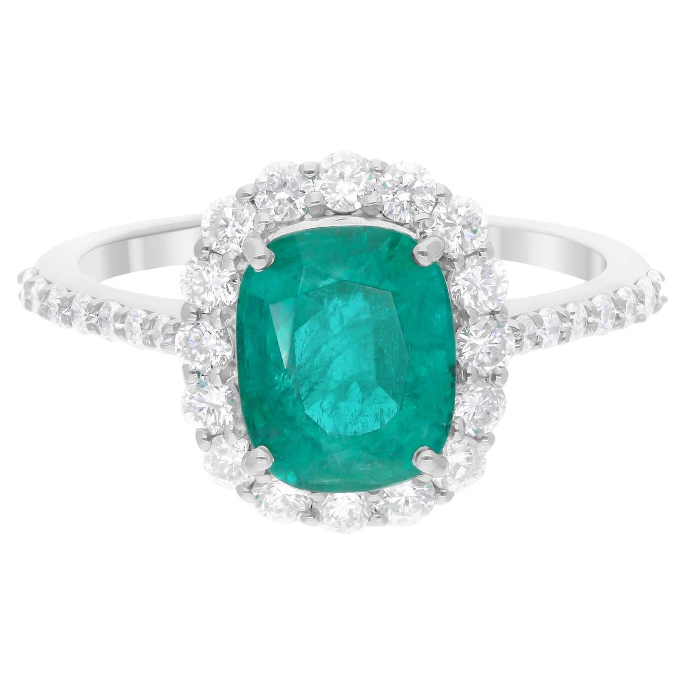 Realer sambischer Smaragdring SI/H mit rundem Diamanten im Brillantschliff aus 14 Karat Weißgold