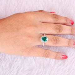 Real Zambian Emerald Ring SI/H Round Brilliant Cut Diamond 18 Karat White Gold