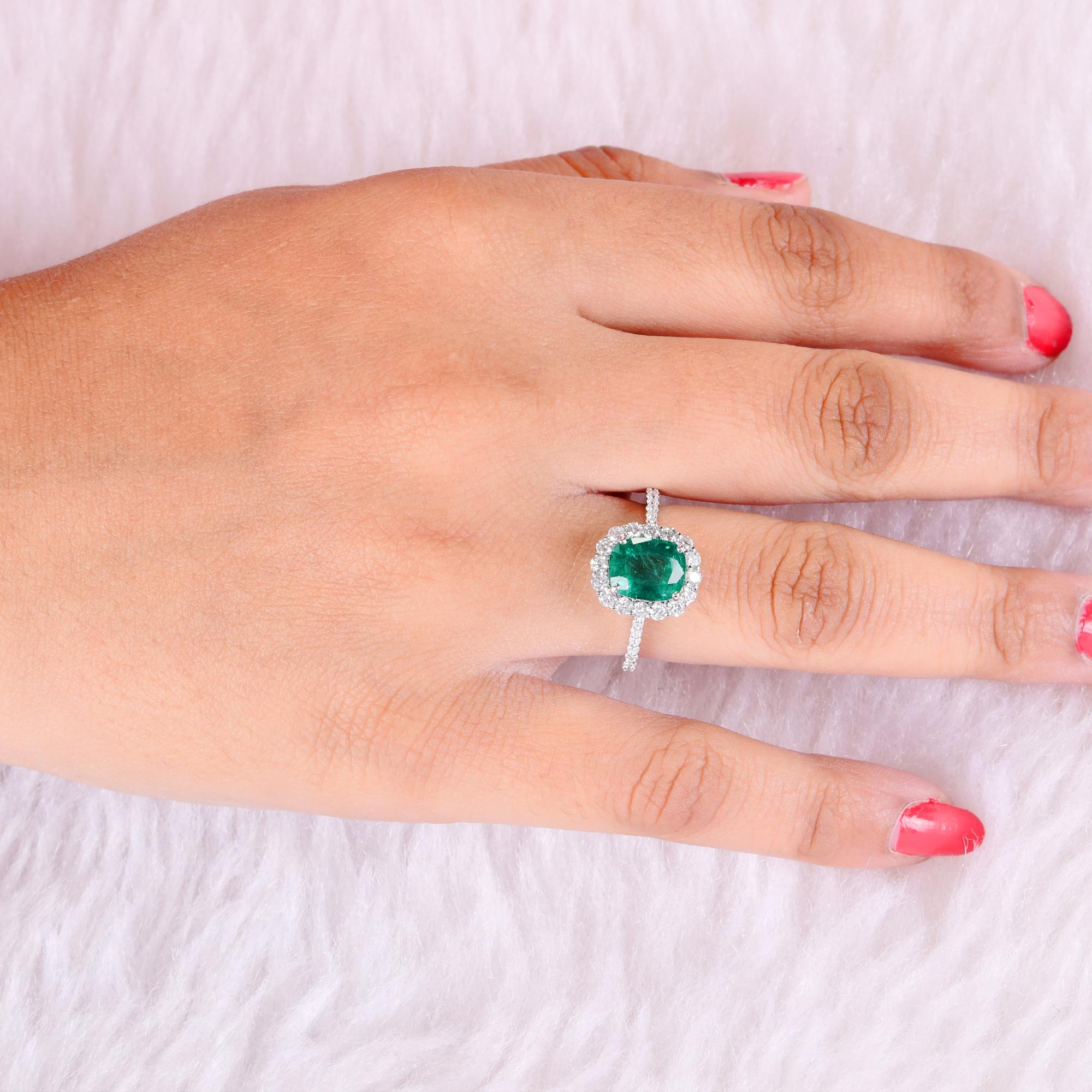 Emerald Cut Real Zambian Emerald Ring SI/H Round Brilliant Cut Diamond 18 Karat White Gold For Sale