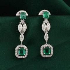 Real Zambian Emerald SI/H Diamond Dangle Earrings 18 Karat White Gold Jewelry