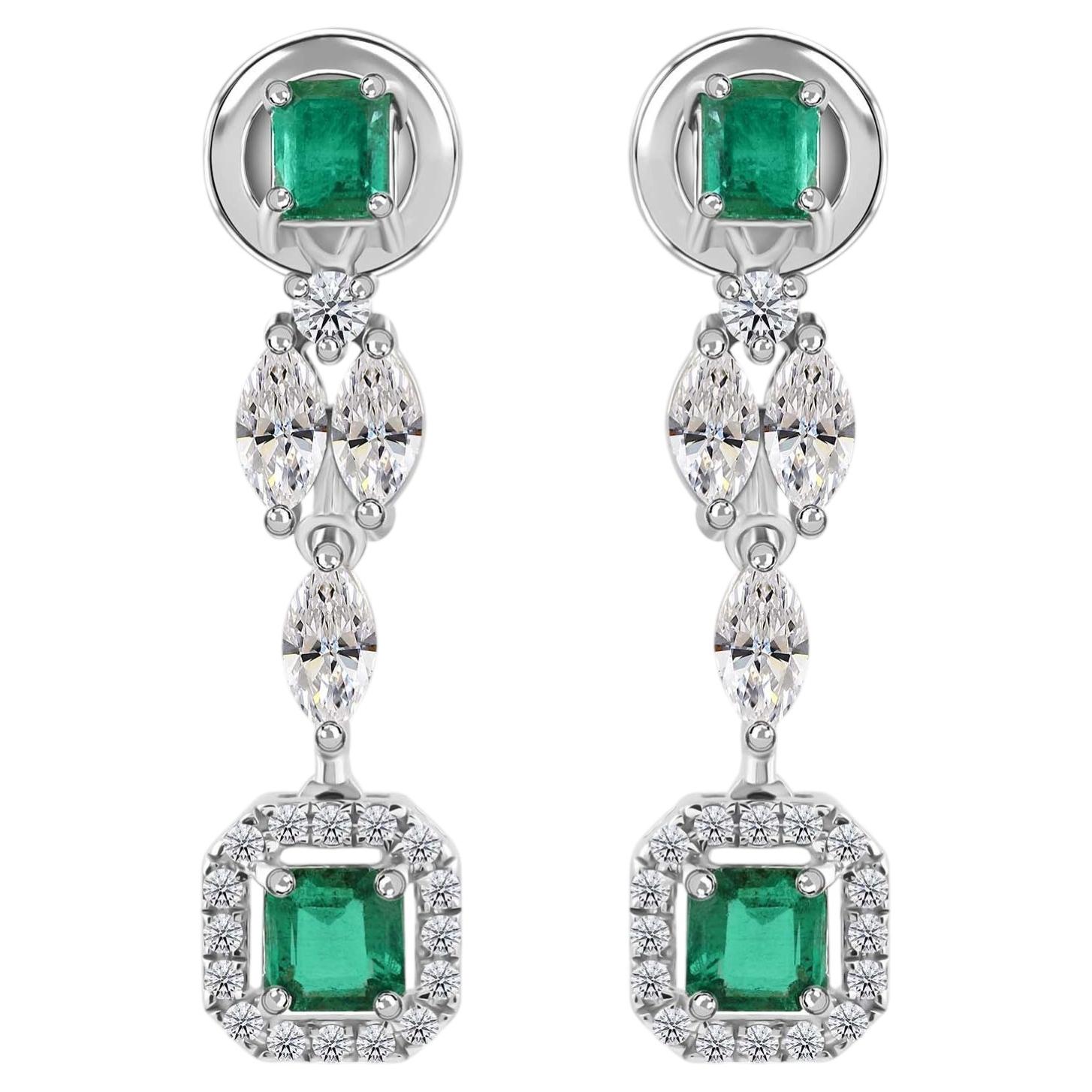 Real Zambian Emerald SI/H Diamond Dangle Earrings 18 Karat White Gold Jewelry