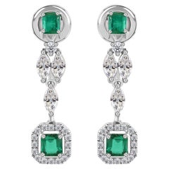 Real Zambian Emerald SI/H Diamond Dangle Earrings 18 Karat White Gold Jewelry