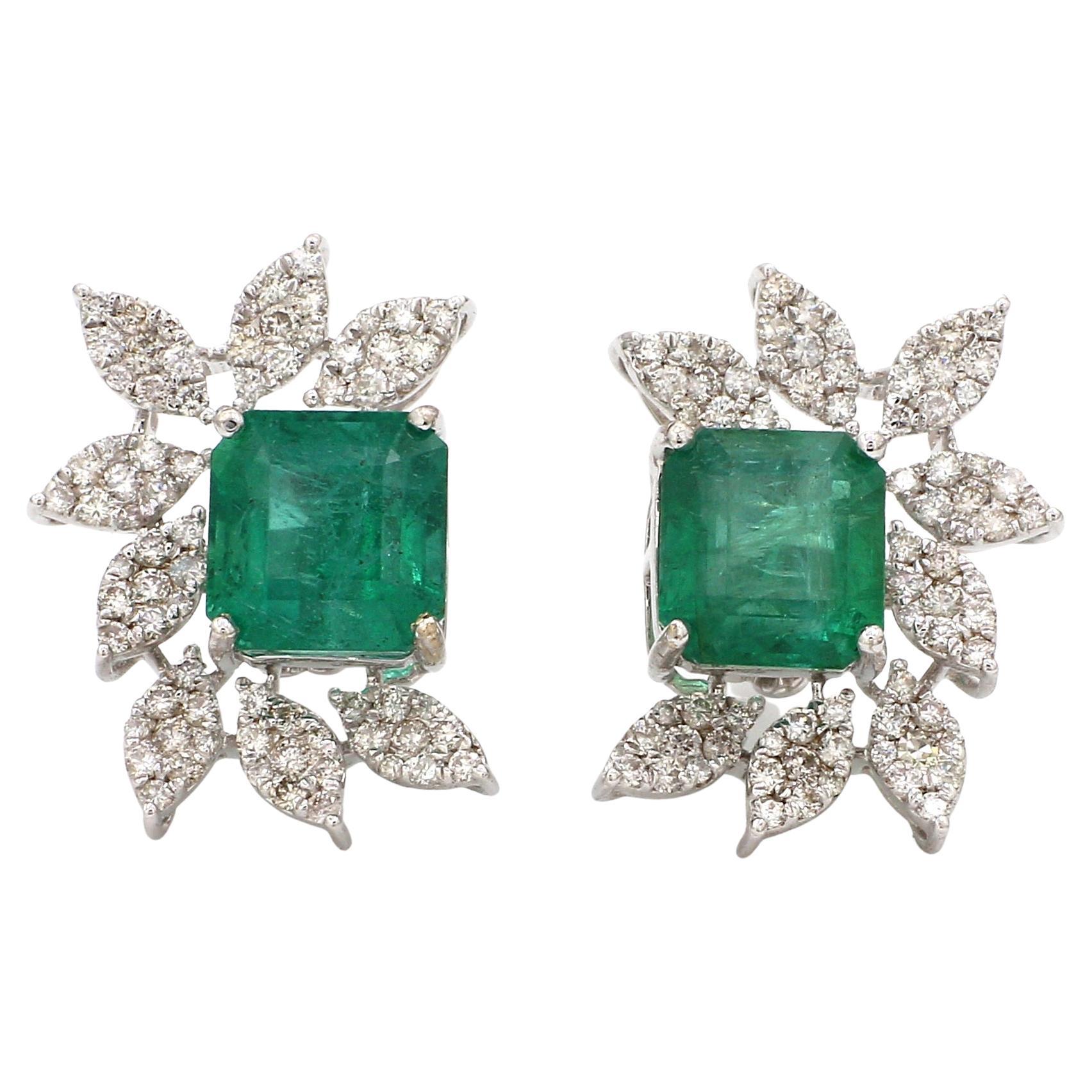 Real Natural Emerald Stud Earrings Diamond 14 Karat White Gold Handmade Jewelry