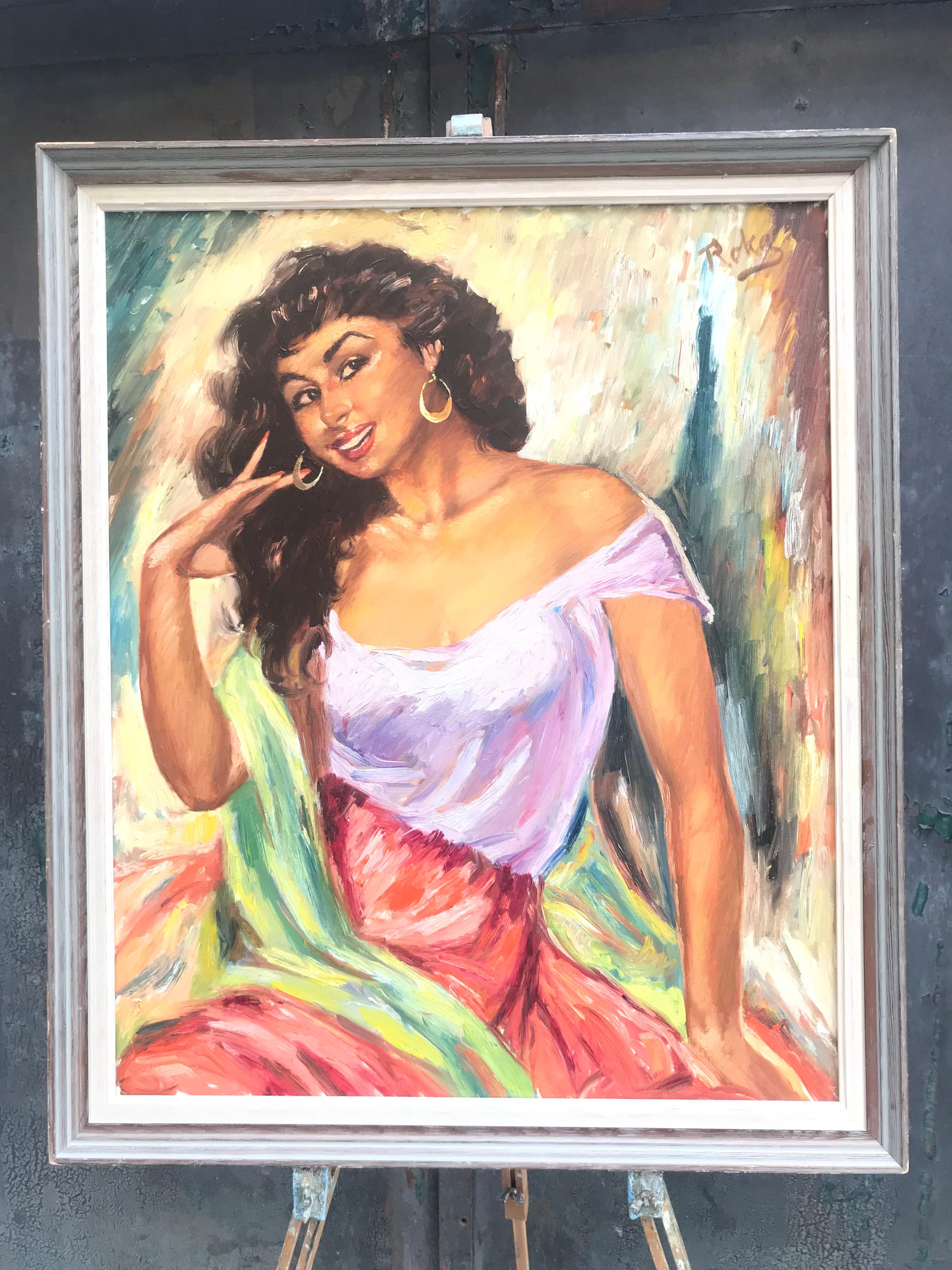 Hand-Painted Realest Oil on Canvas of a Spanish Señorita by Charles Roka from the 1960s
