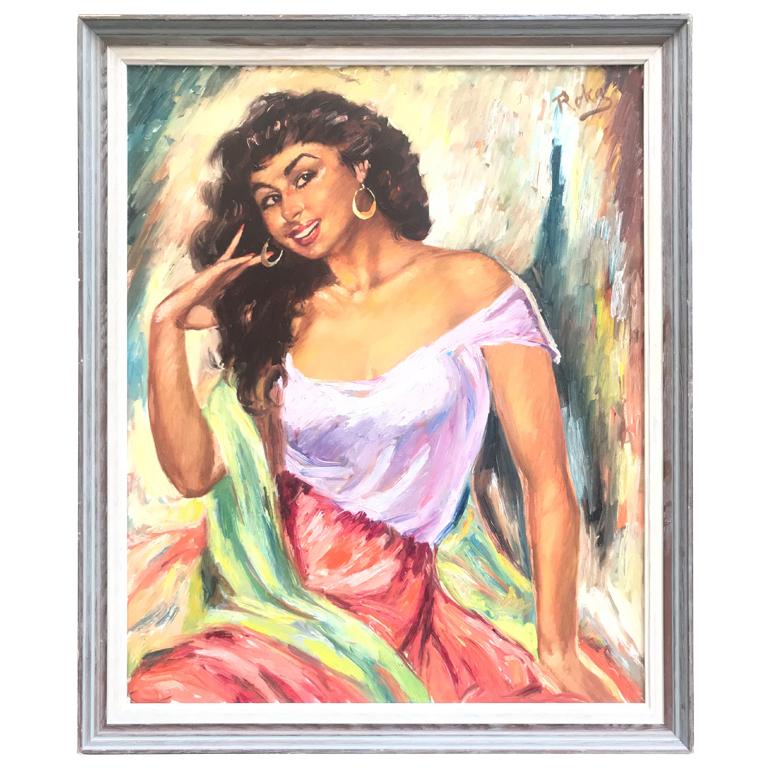 Realest Oil on Canvas of a Spanish Señorita by Charles Roka from the 1960s
