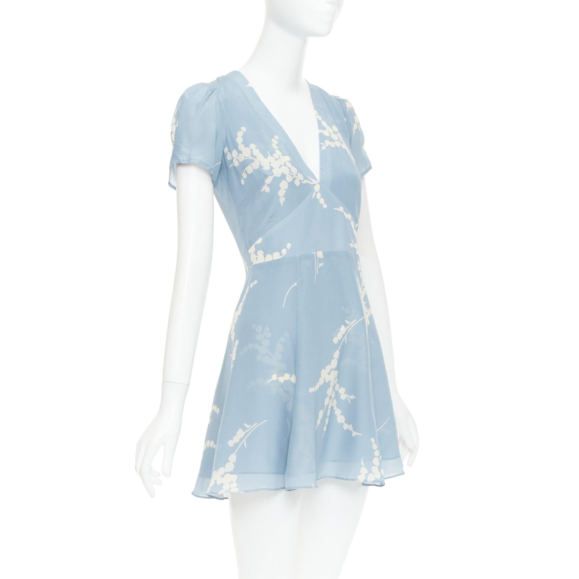 Blu REALISATION Luella, prendisole con scollo a V in 100% seta azzurro crema e stampa floreale XS in vendita