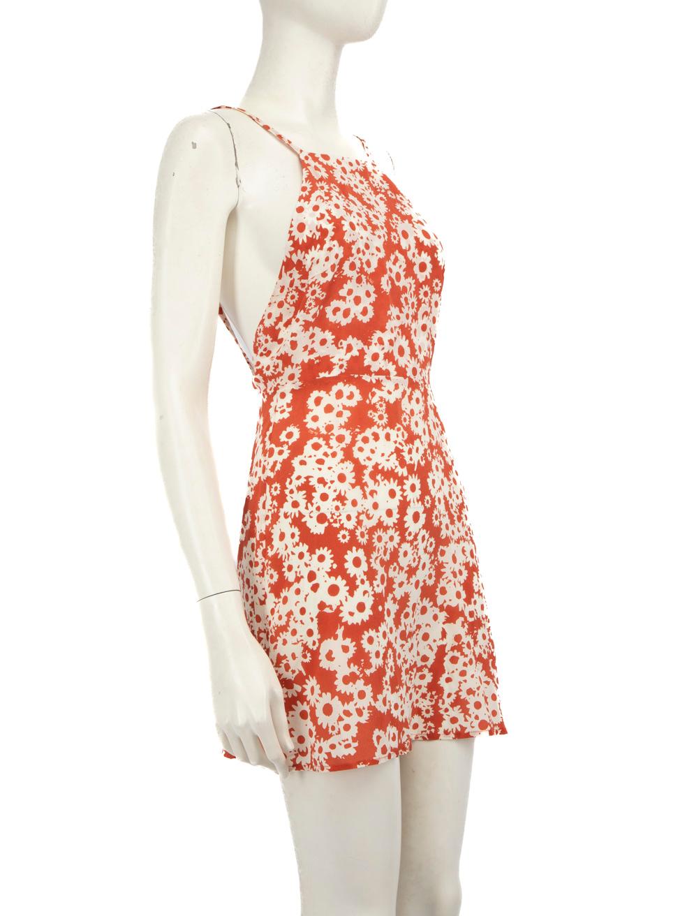 CONDITION is Very good. Hardly any visible wear to dress is evident on this used Réalisation designer resale item.
 
 Details
 
 
 Orange
 
 Silk
 
 Dress
 
 Mini
 
 Sleeveless
 
 Floral pattern
 
 Adjustable tie up shoulder trap
 
 Square neck
 
