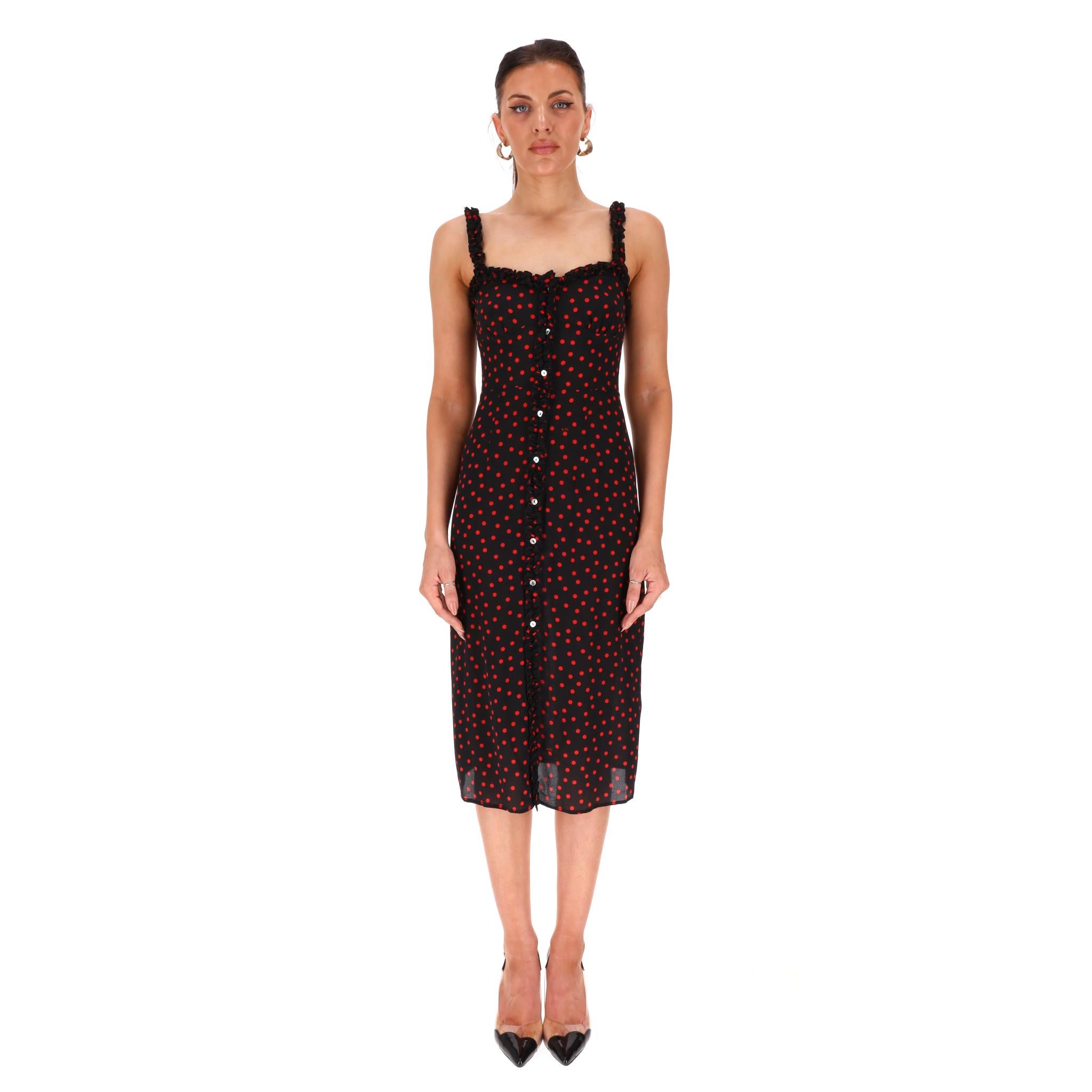 Realisation Polka-Dot Bustier Silk Midi Dress

Black midi 'Juliet' dress fully crafted from silk and adorned with all-over polka-dot print in red.

Featuring ruffled trims, sweetheart neckline and centre button embellishment.

Rrp Approx. £240

Size
