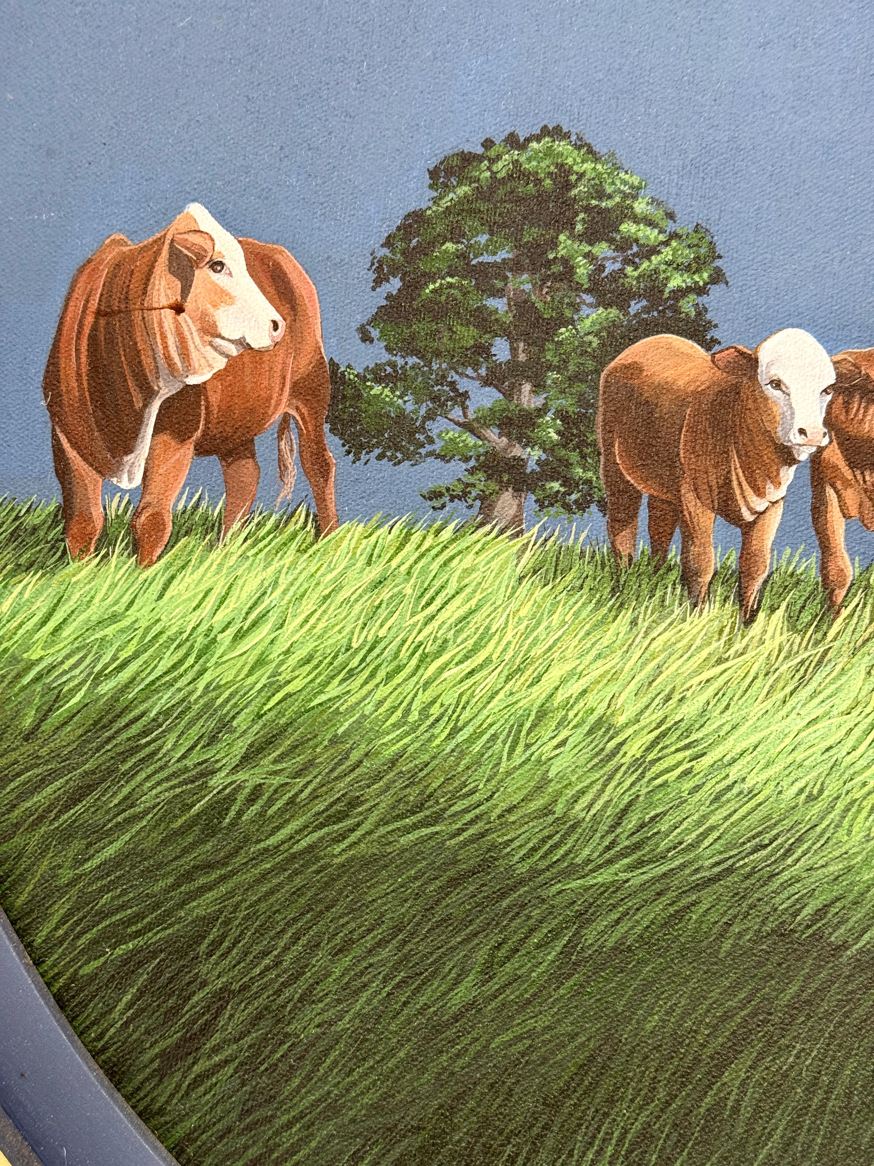 Escena pastoral realista Vacas de la célebre artista tejana Stephanie Sale Pintado a mano en venta