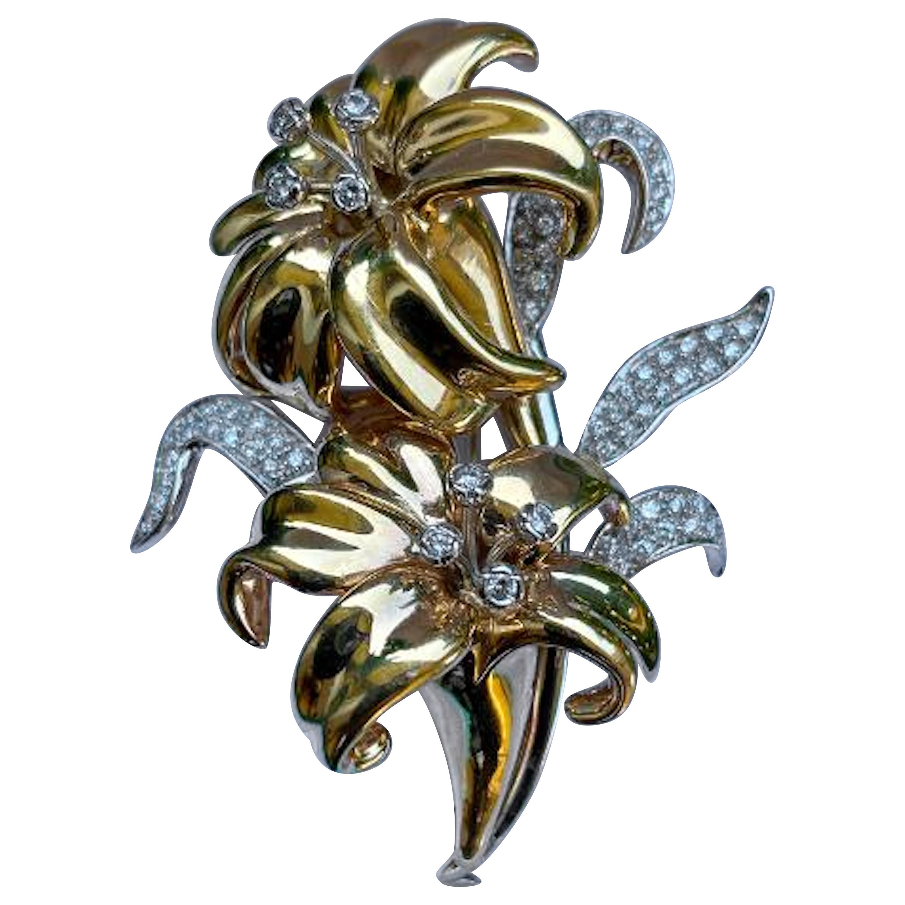 Realistic 18 Karat Gold and Diamond Three Dimensional Lily Flower Brooch Pin