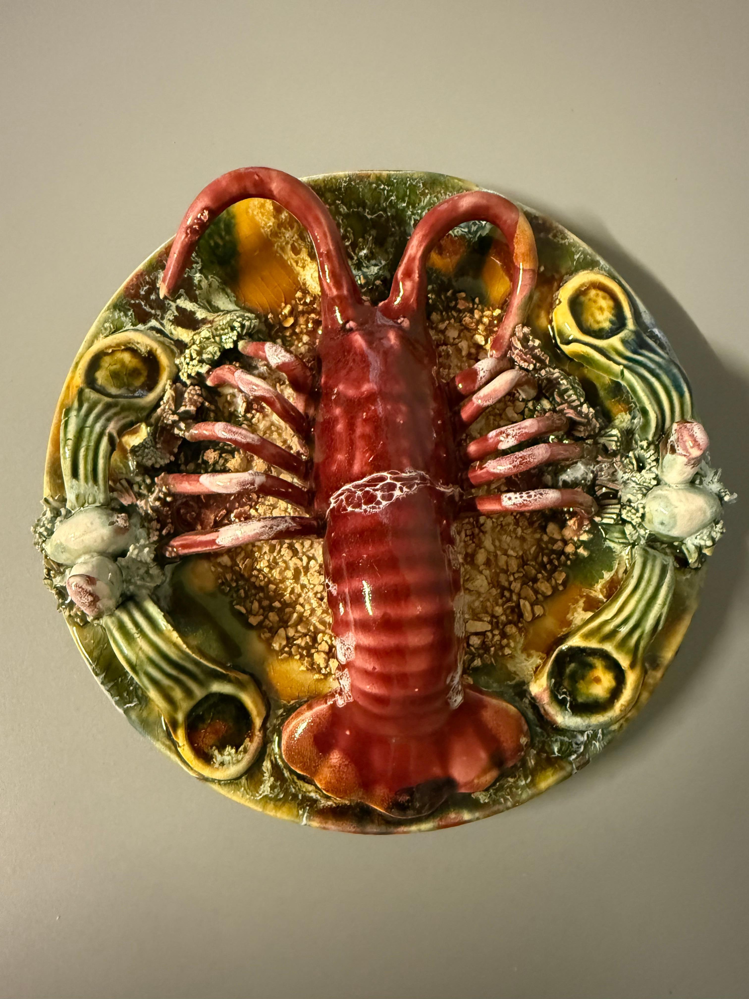 Portuguese Realistic Palissy Majolica Lobster Wall Plate Portugal For Sale