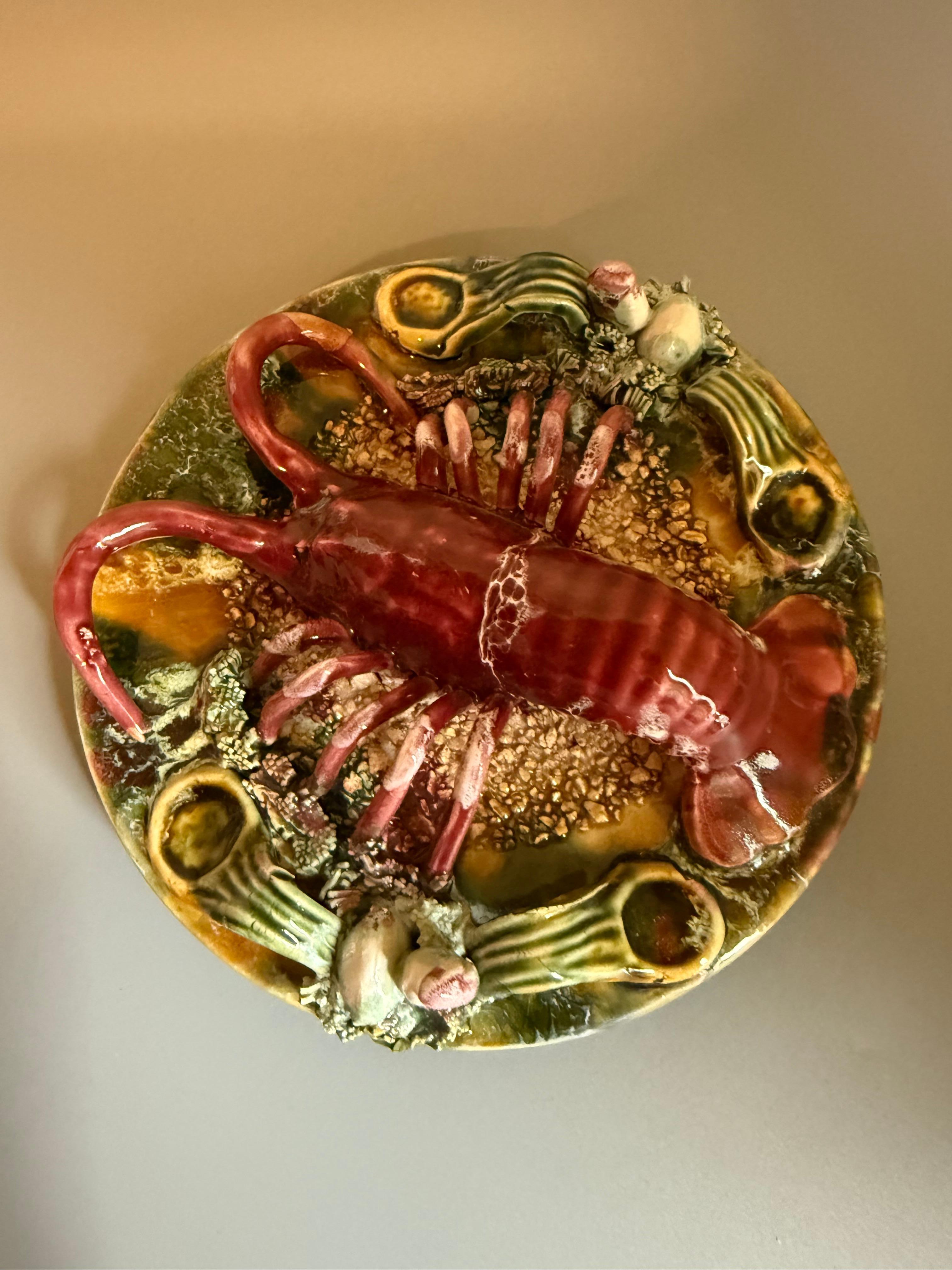Glazed Realistic Palissy Majolica Lobster Wall Plate Portugal For Sale