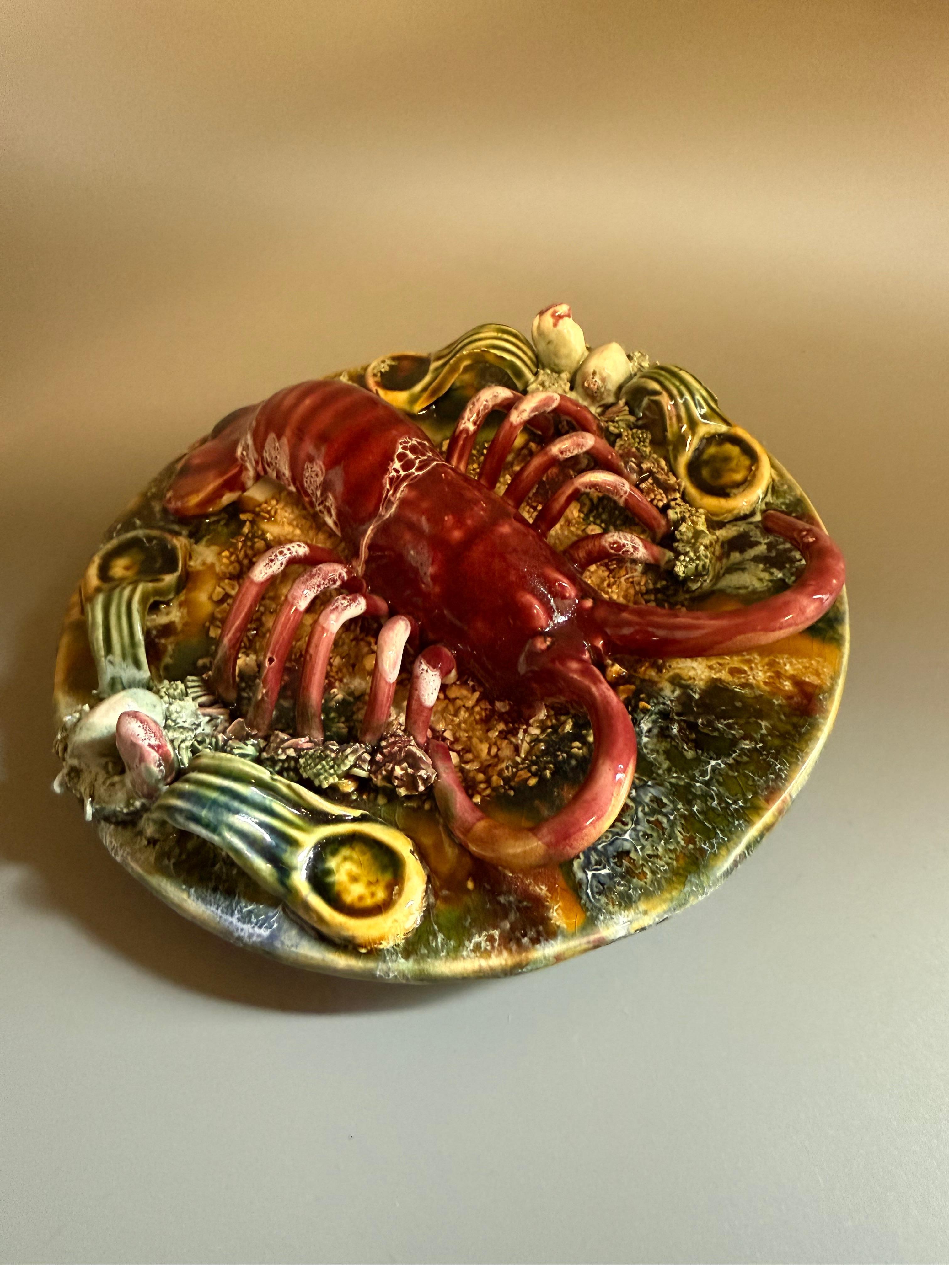 Ceramic Realistic Palissy Majolica Lobster Wall Plate Portugal For Sale