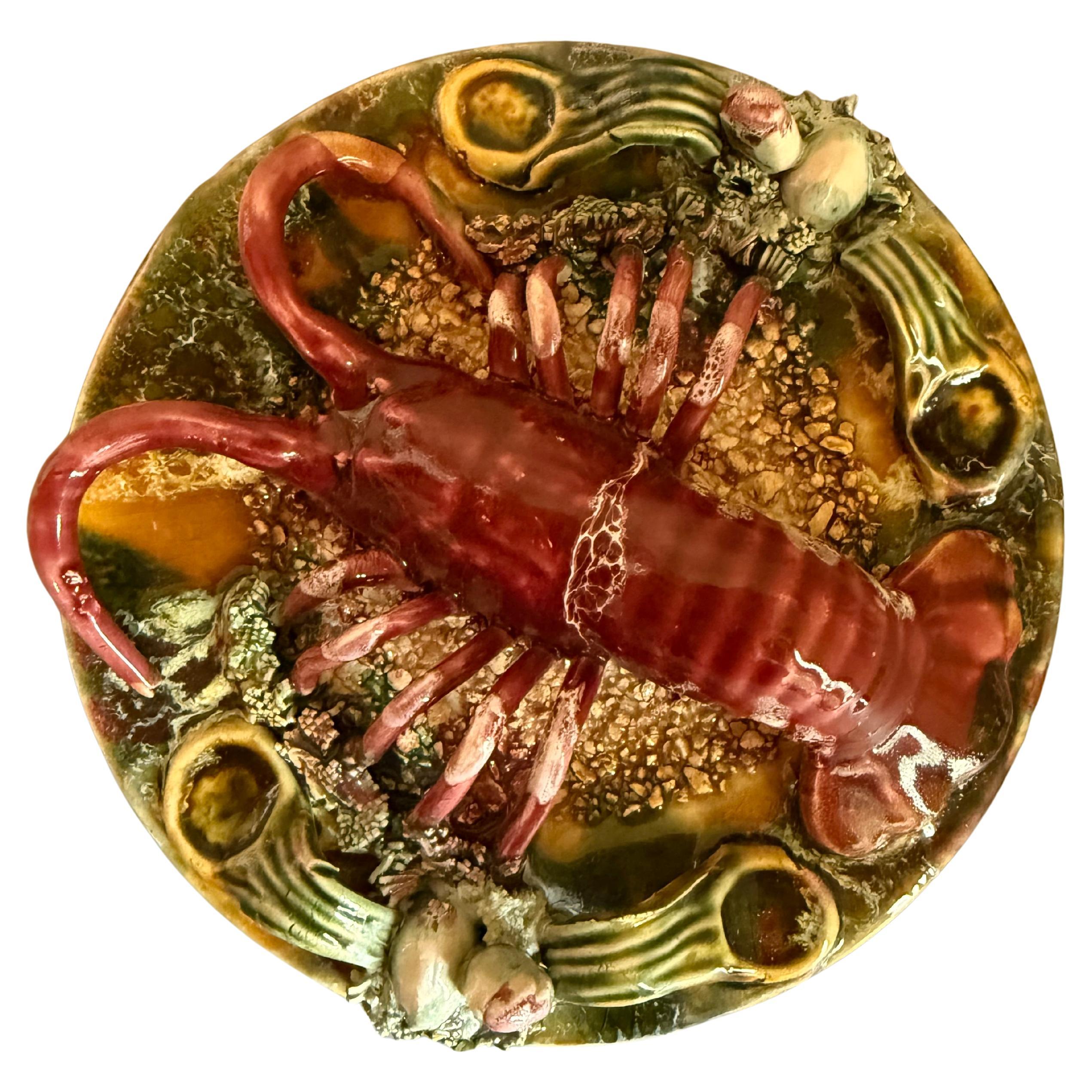 Realistic Palissy Majolica Lobster Wall Plate Portugal For Sale