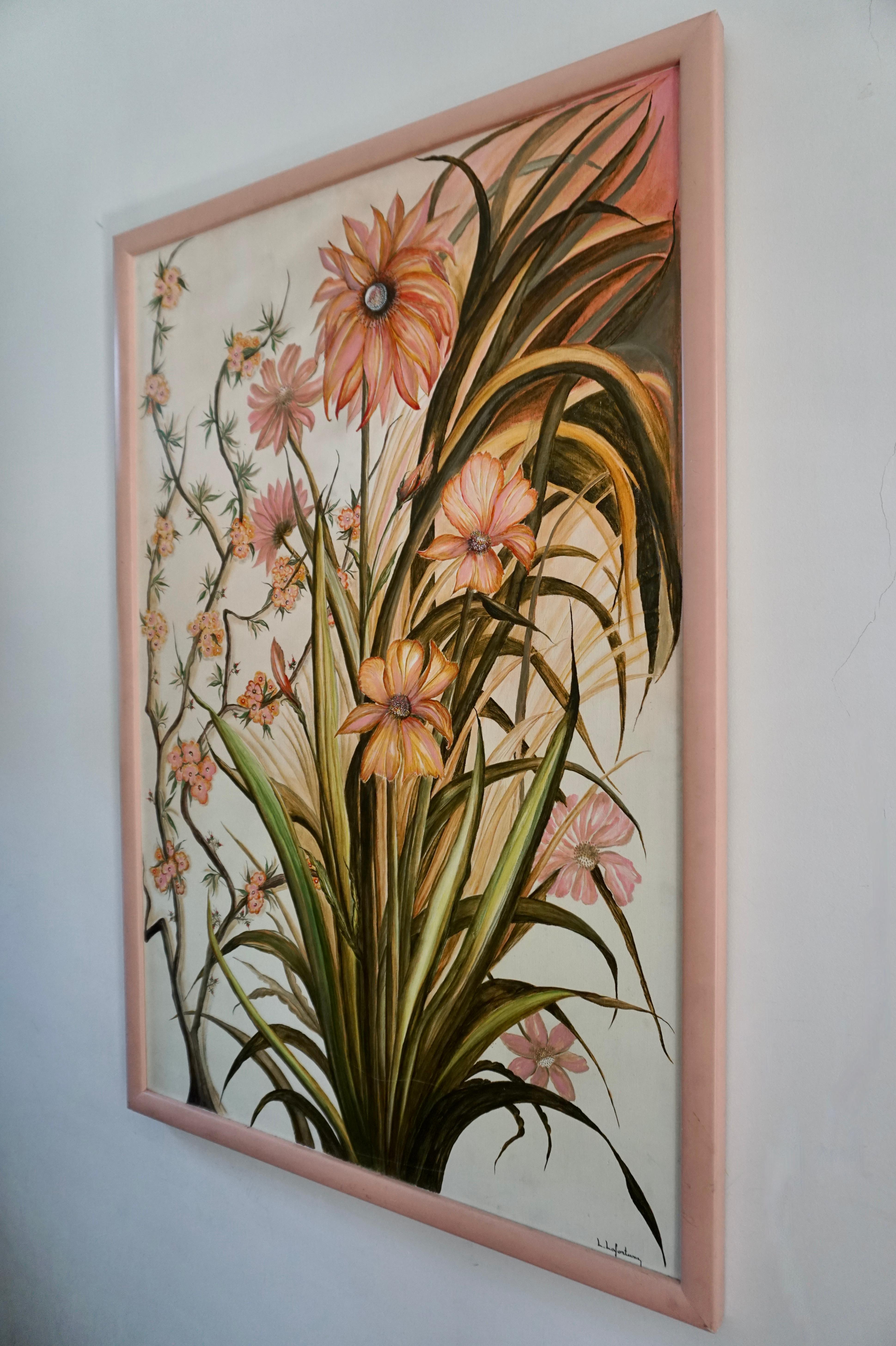 Ein wunderschönes realistisches Gemälde von rosa Blumen des Künstlers L. Lafortune. 

Medium: Öl auf Leinwand.