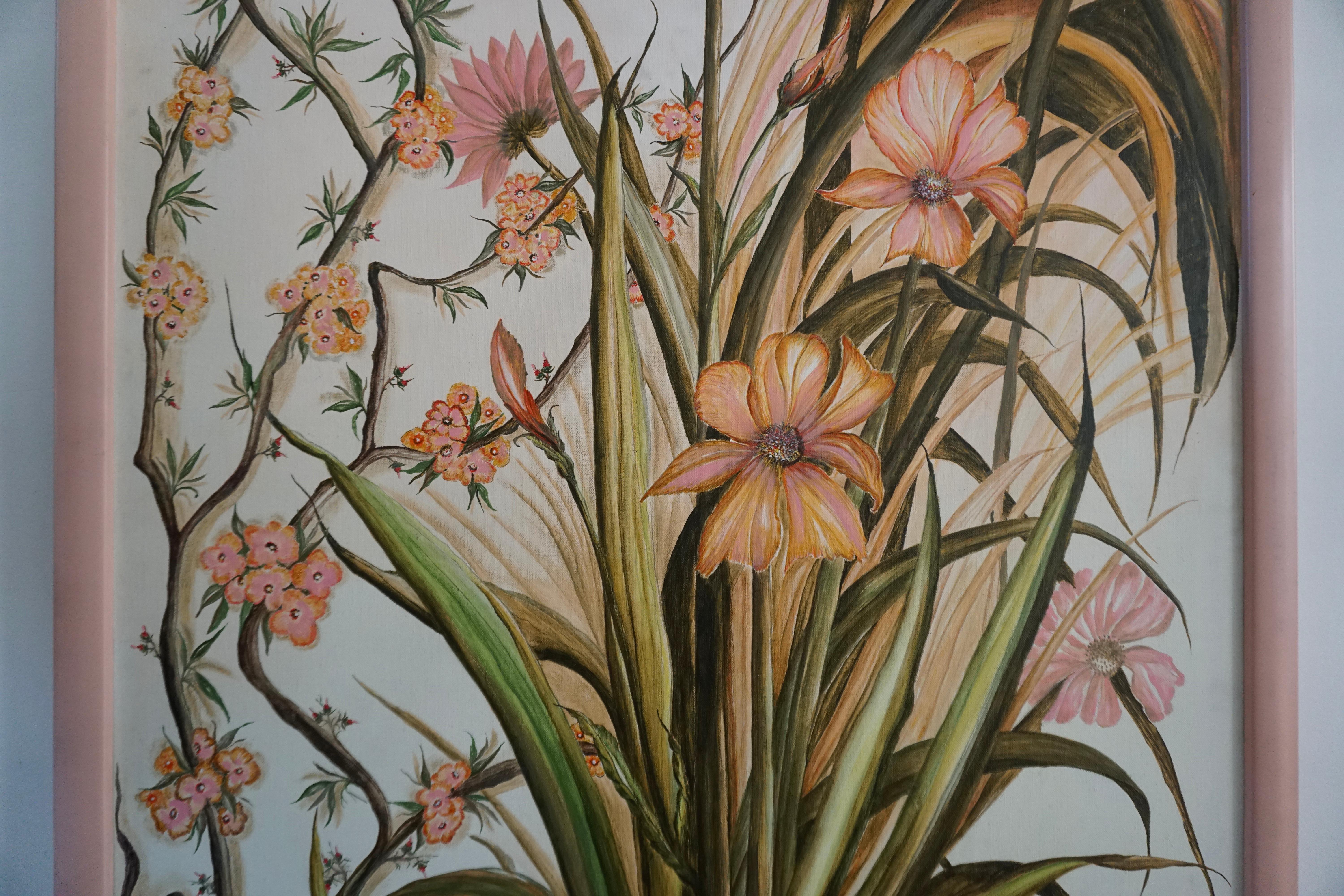 Realistisches Gemälde mit rosa Blumen von L Lafortune (Belgisch) im Angebot