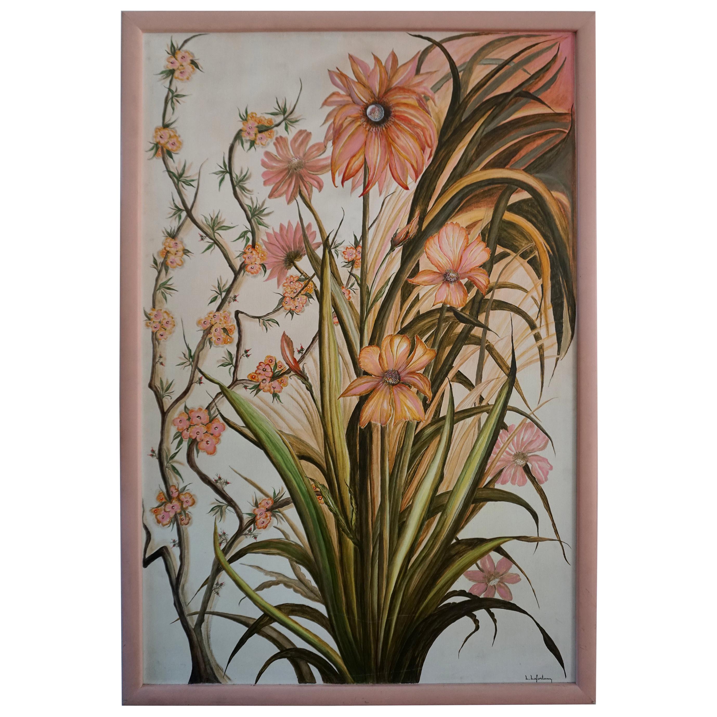 Realistisches Gemälde mit rosa Blumen von L Lafortune im Angebot