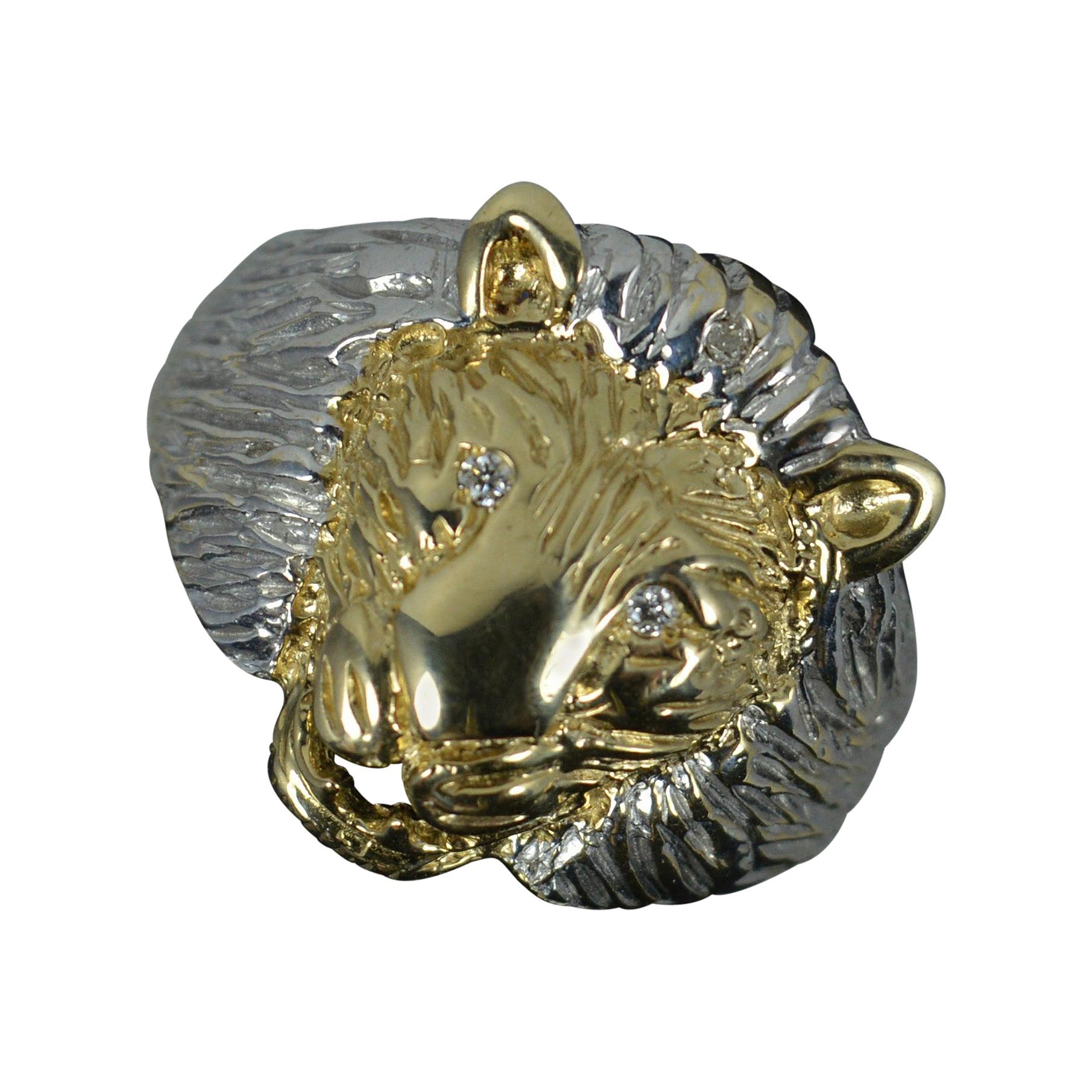 Diamond Lion Head Signet Ring 