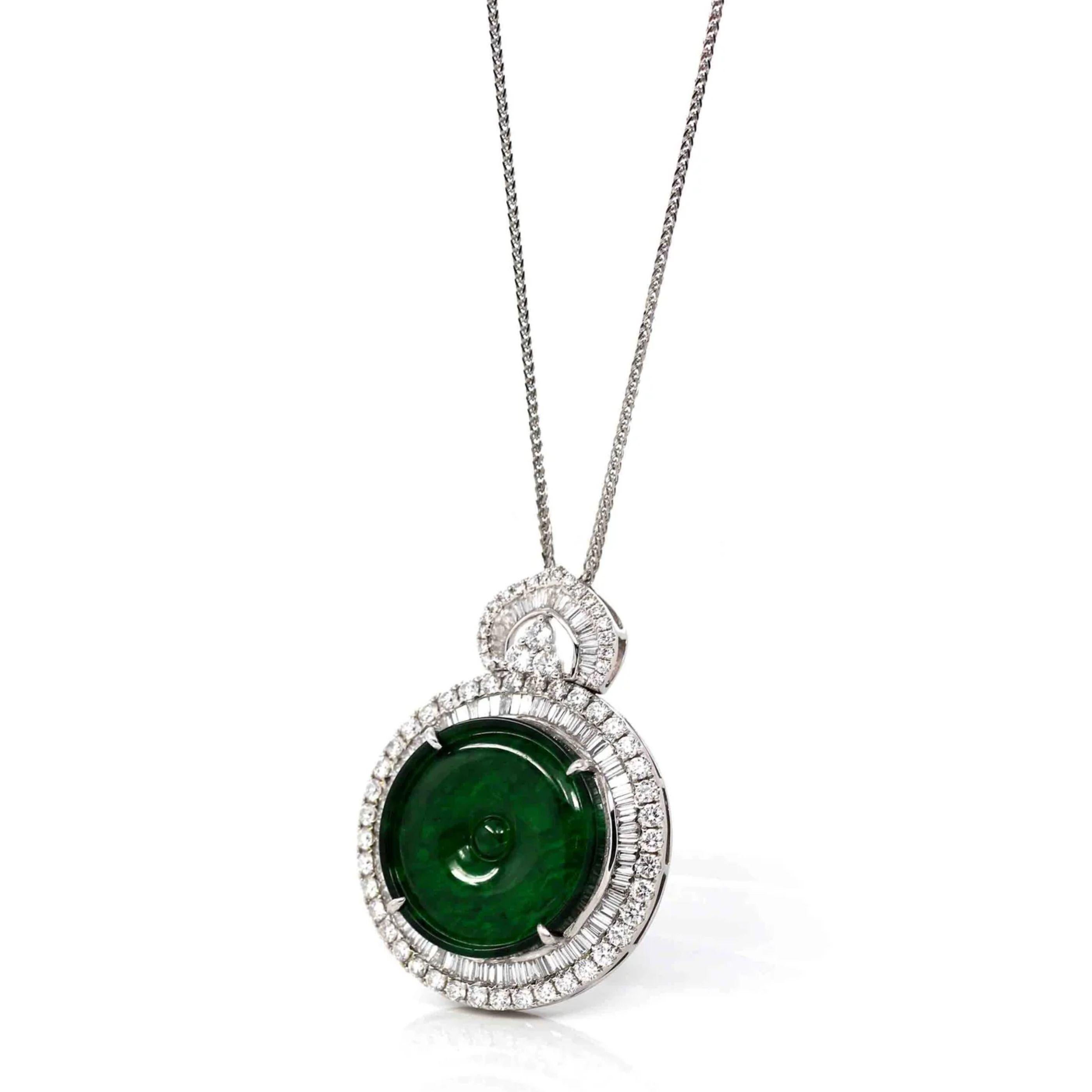 * DESIGN CONCEPT--- This necklace is made with very high-quality genuine imperial green Burmese jadeite jade. The design was inspired by the simplistic yet elegant shape of a lucky KouKou. Representing wholeness, completeness, and contentment. The
